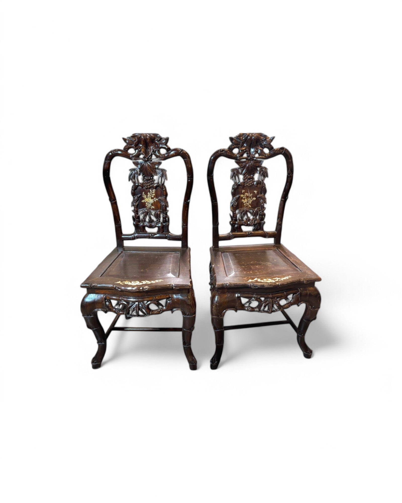 Pair of Tongue in Groove Hardwood Ornate carved Birds & Floral Antique Chair