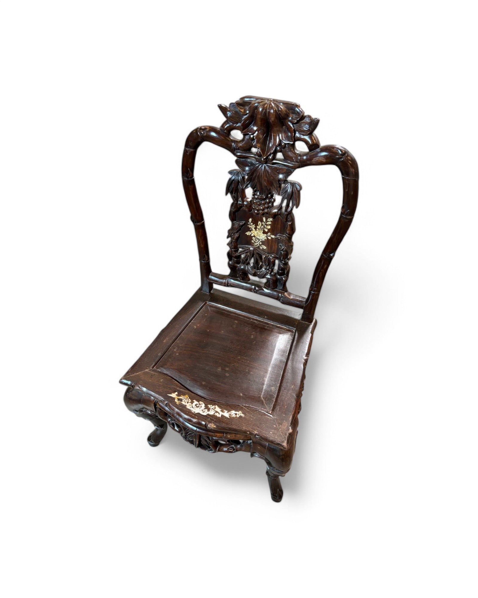 Pair of Tongue in Groove Hardwood Ornate carved Birds & Floral Antique Chair