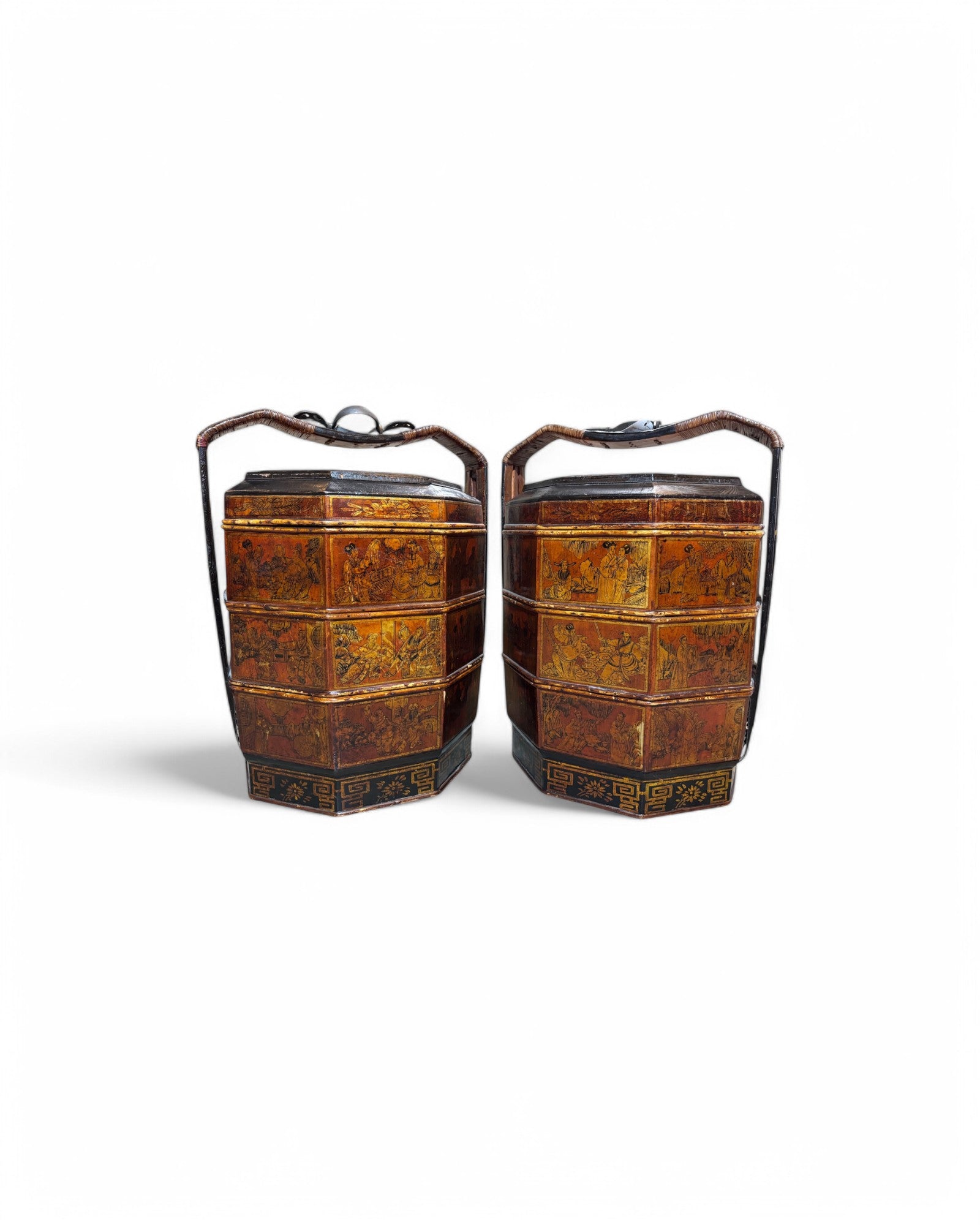 1900s Chinese Chinoiserie Bamboo Trim Antique Three-Tier Wood Wedding Baset