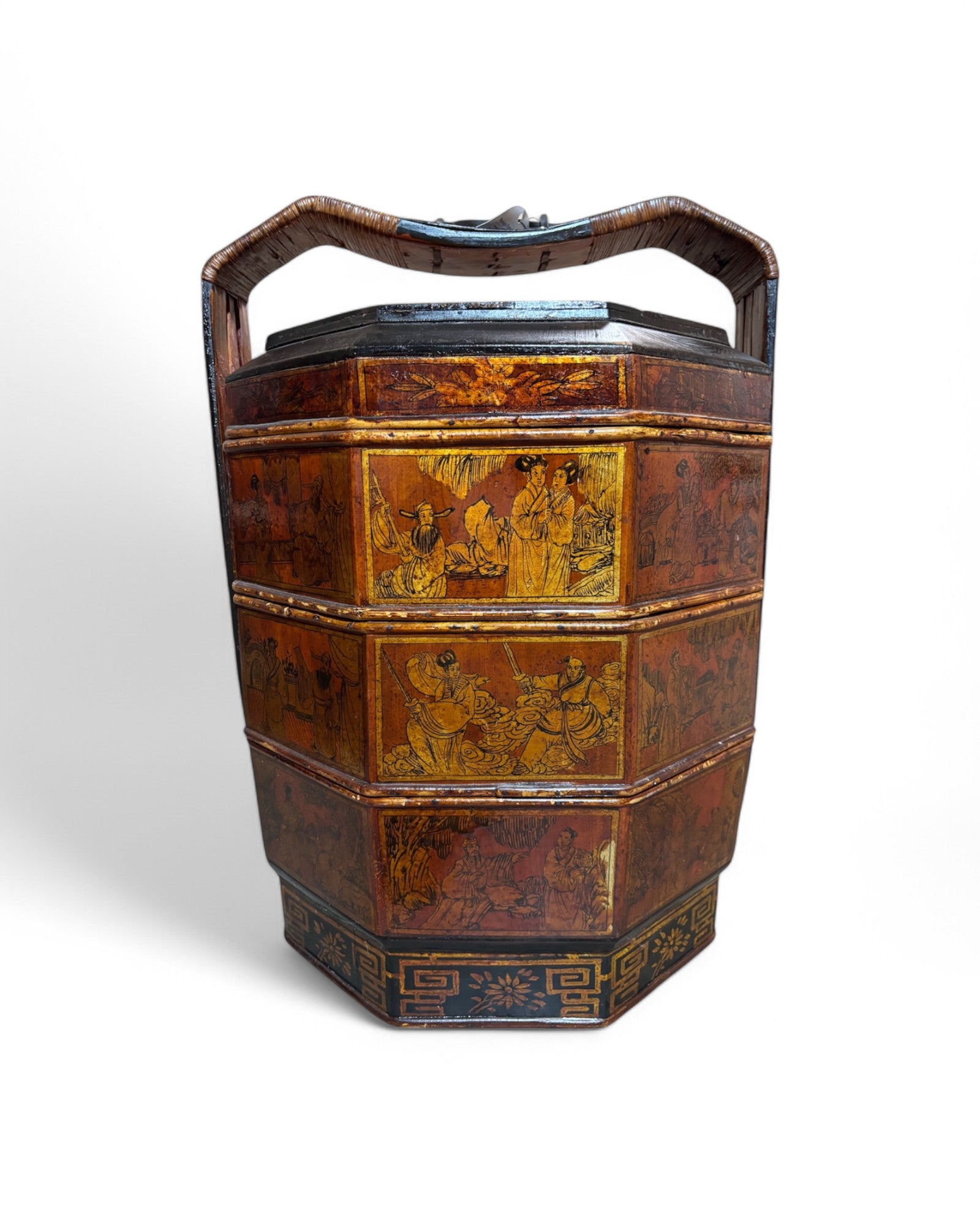 1900s Chinese Chinoiserie Bamboo Trim Antique Three-Tier Wood Wedding Baset