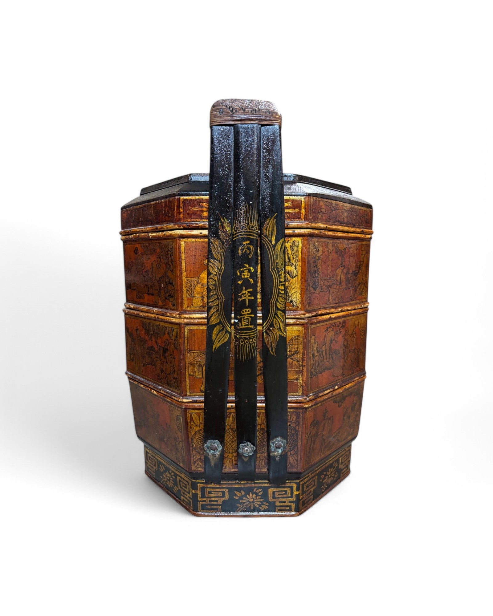 1900s Chinese Chinoiserie Bamboo Trim Antique Three-Tier Wood Wedding Baset