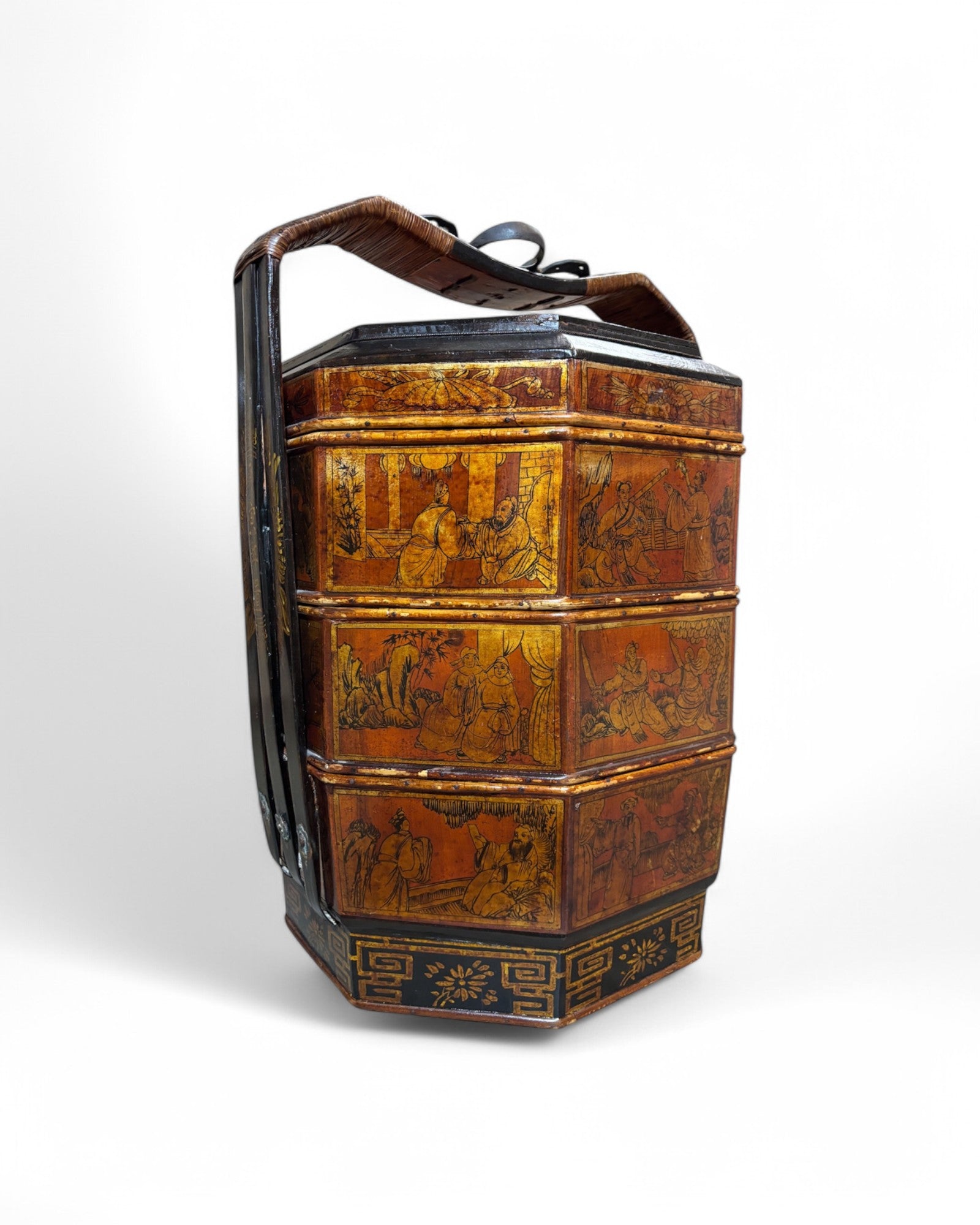 1900s Chinese Chinoiserie Bamboo Trim Antique Three-Tier Wood Wedding Baset