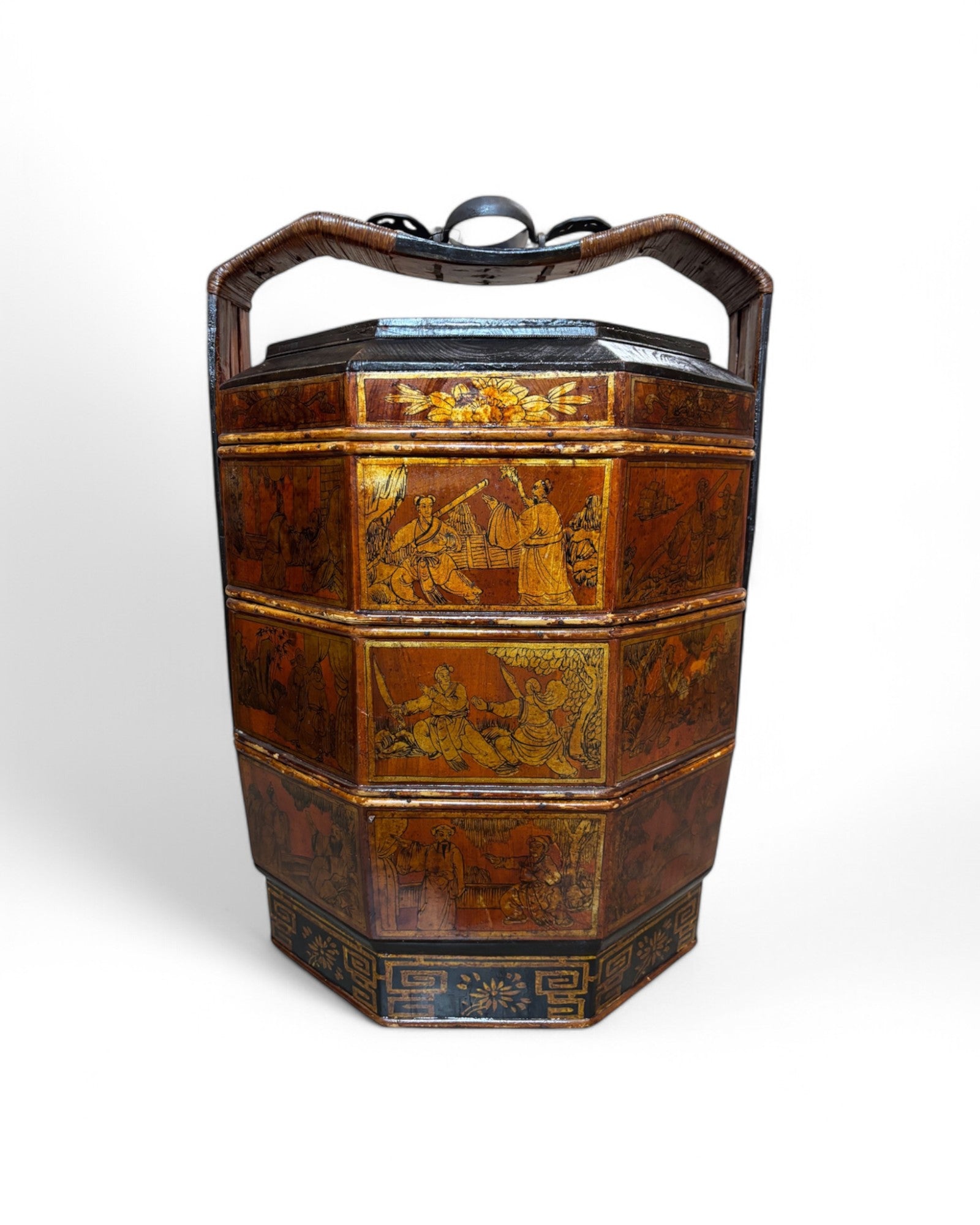 1900s Chinese Chinoiserie Bamboo Trim Antique Three-Tier Wood Wedding Baset