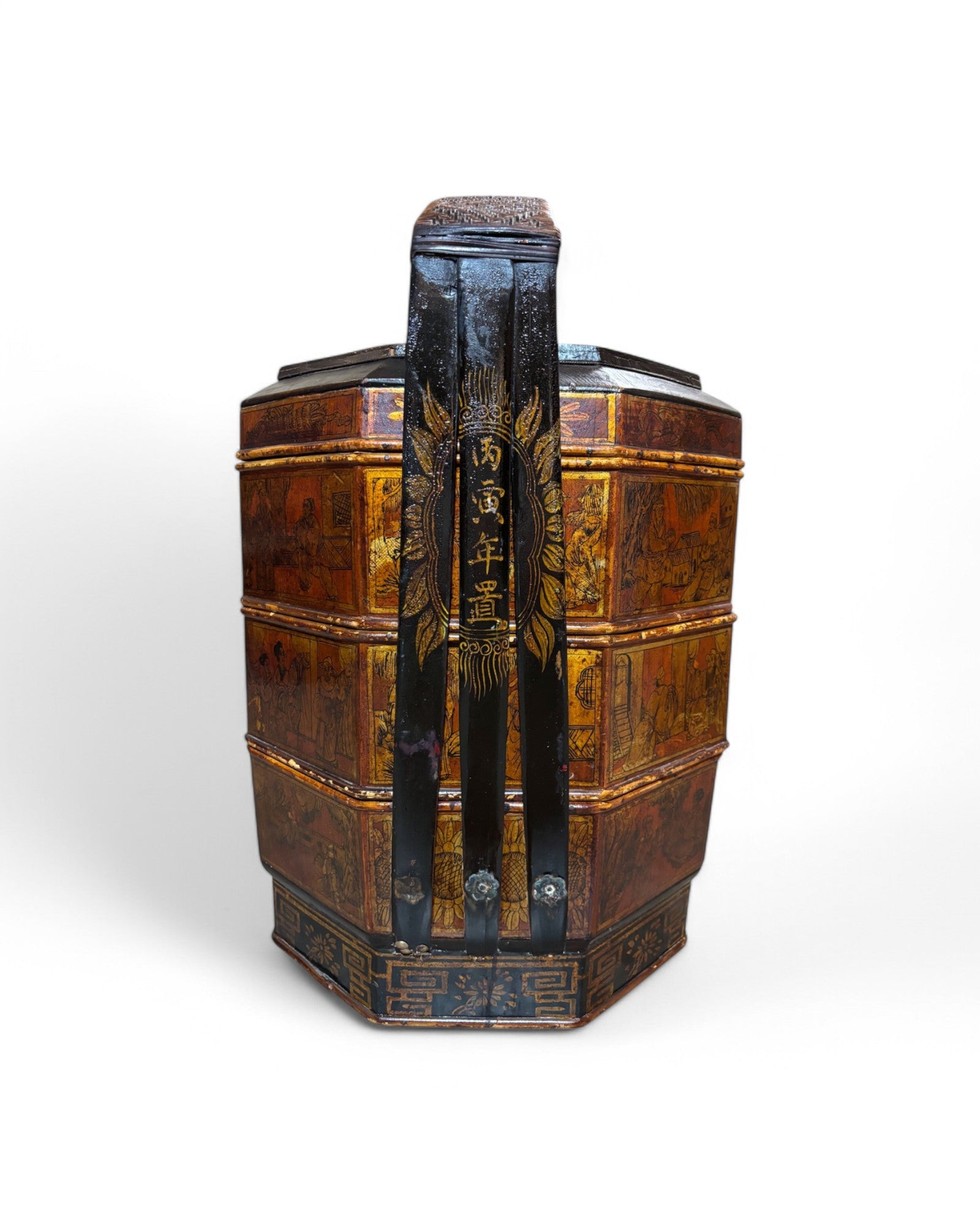 1900s Chinese Chinoiserie Bamboo Trim Antique Three-Tier Wood Wedding Baset