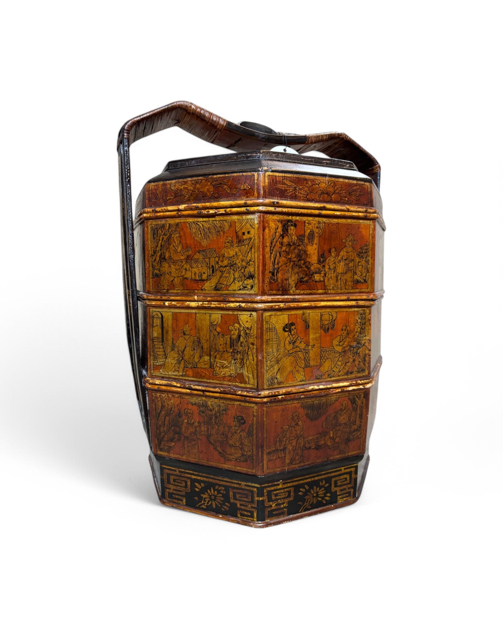 1900s Chinese Chinoiserie Bamboo Trim Antique Three-Tier Wood Wedding Baset