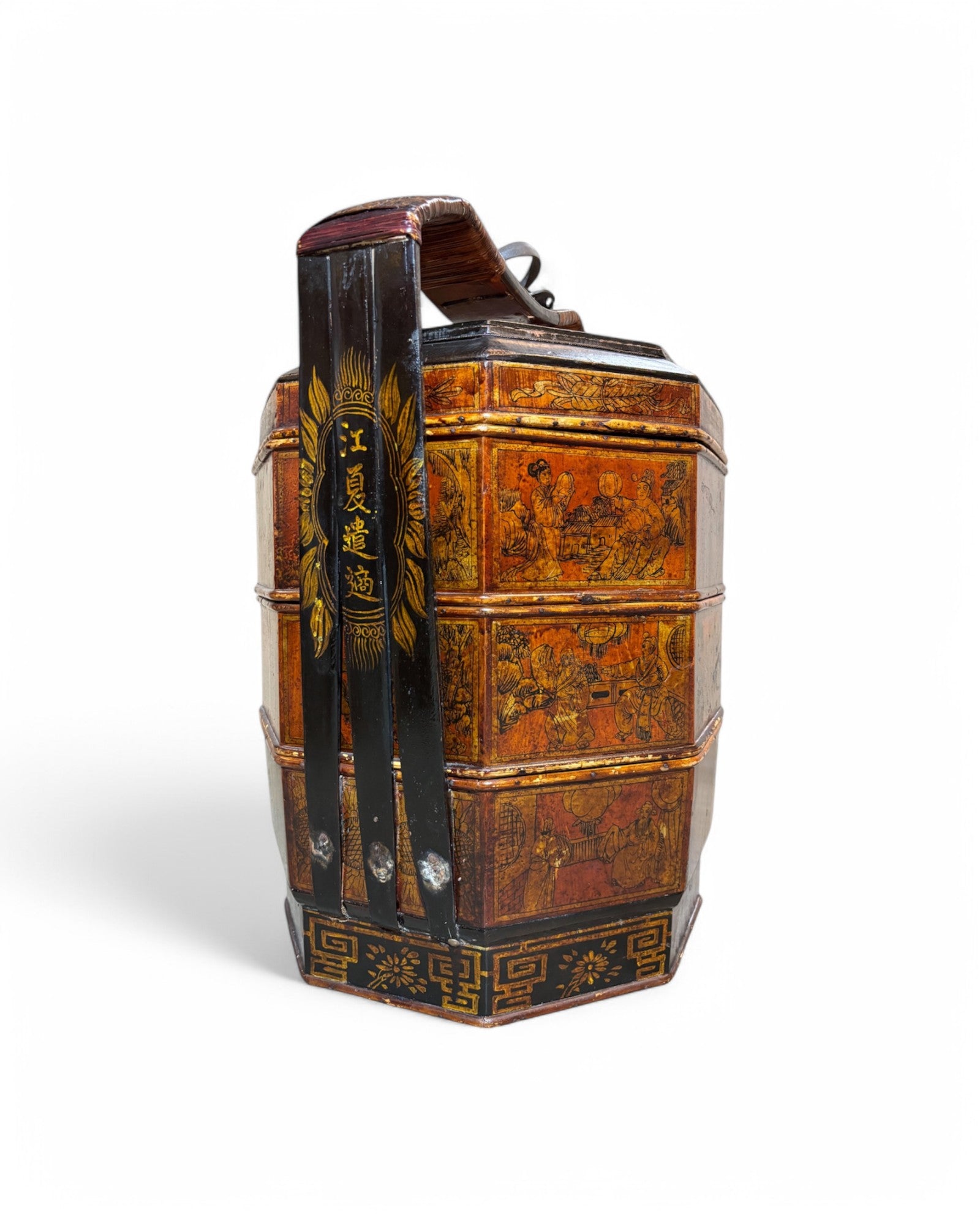 1900s Chinese Chinoiserie Bamboo Trim Antique Three-Tier Wood Wedding Baset