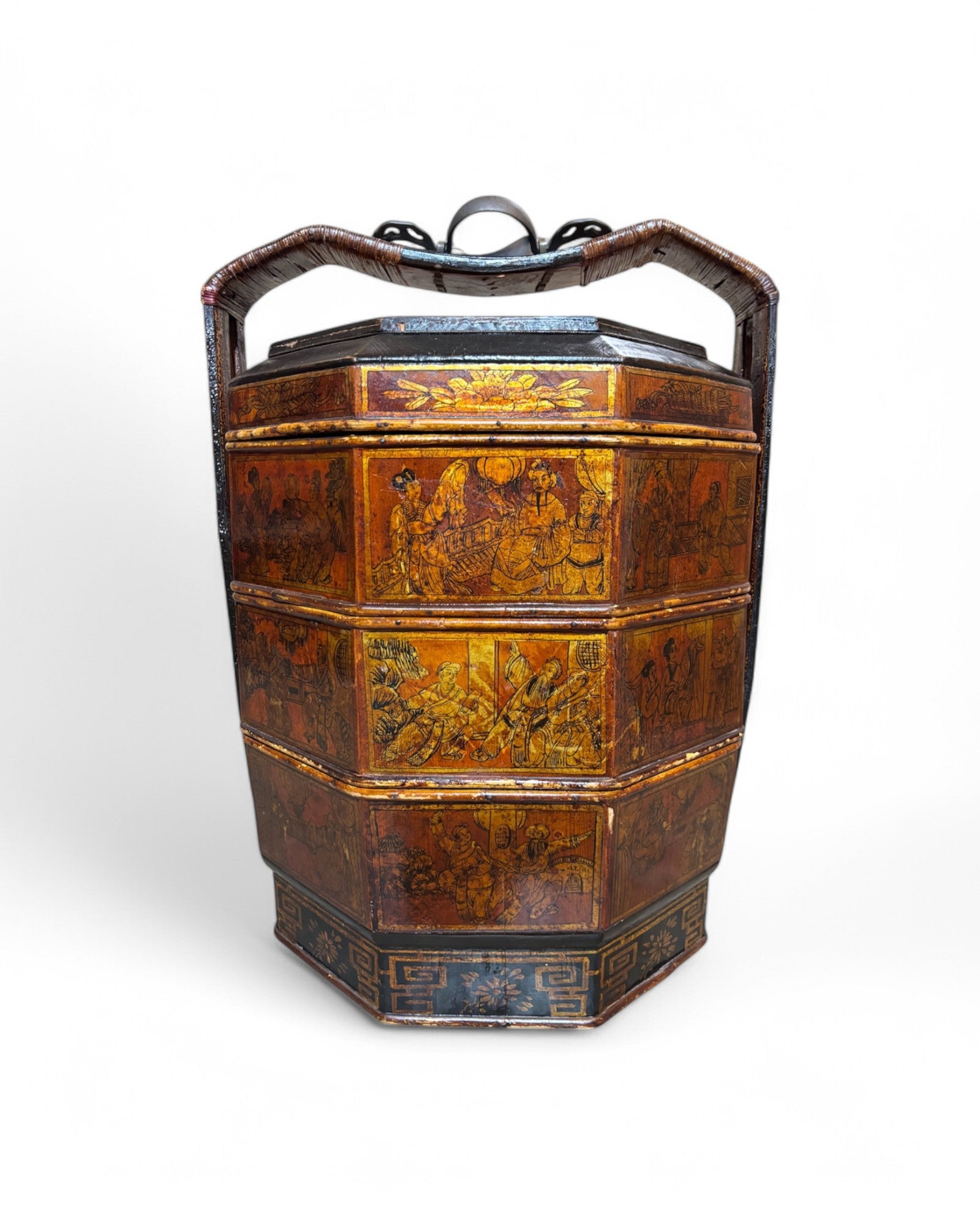 1900s Chinese Chinoiserie Bamboo Trim Antique Three-Tier Wood Wedding Baset