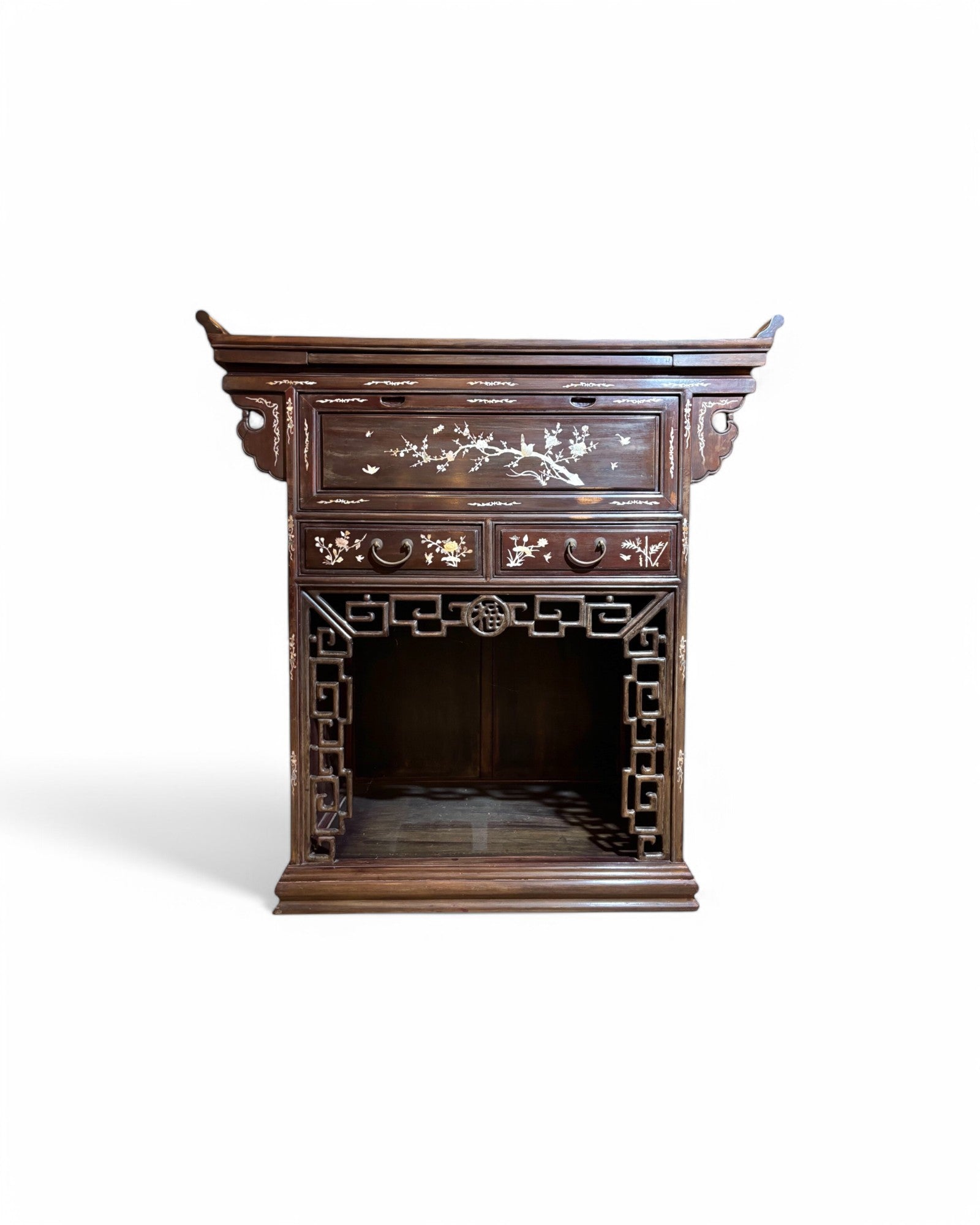 Gilded Mother of Pearl Inlaid Chinese Dark Wood Cabinet and Console