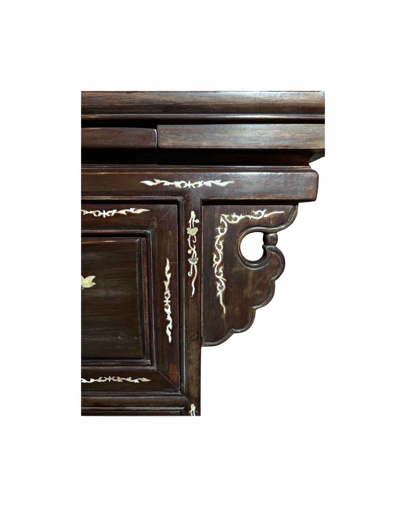 Gilded Mother of Pearl Inlaid Chinese Dark Wood Cabinet and Console