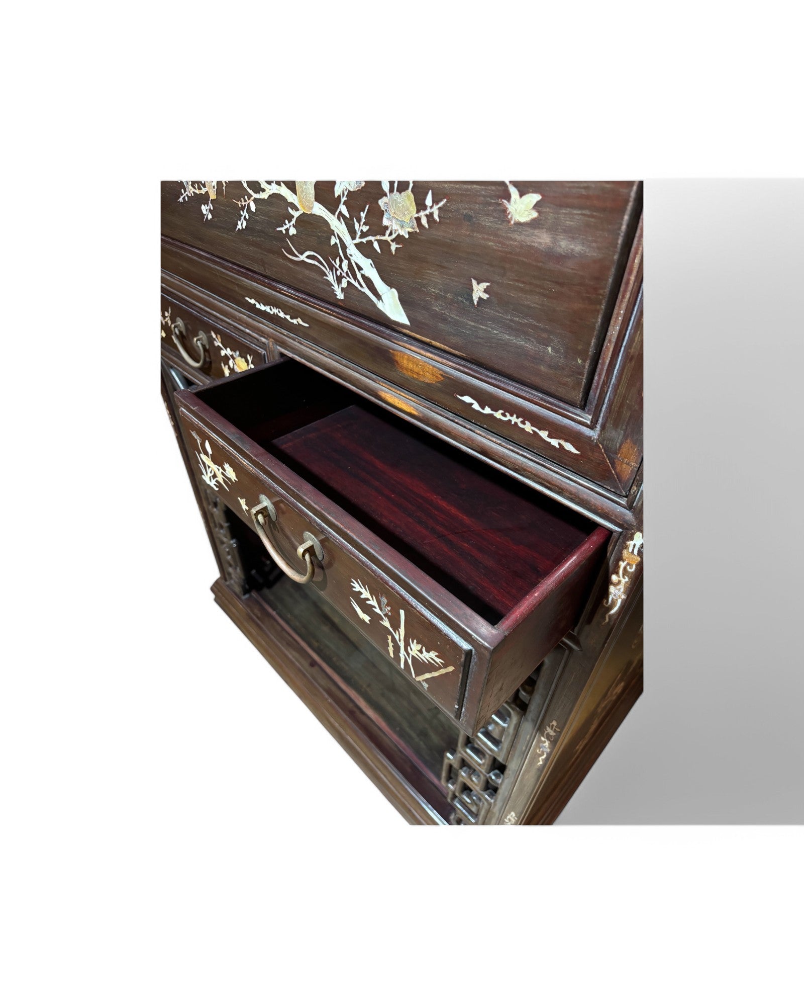 Gilded Mother of Pearl Inlaid Chinese Dark Wood Cabinet and Console