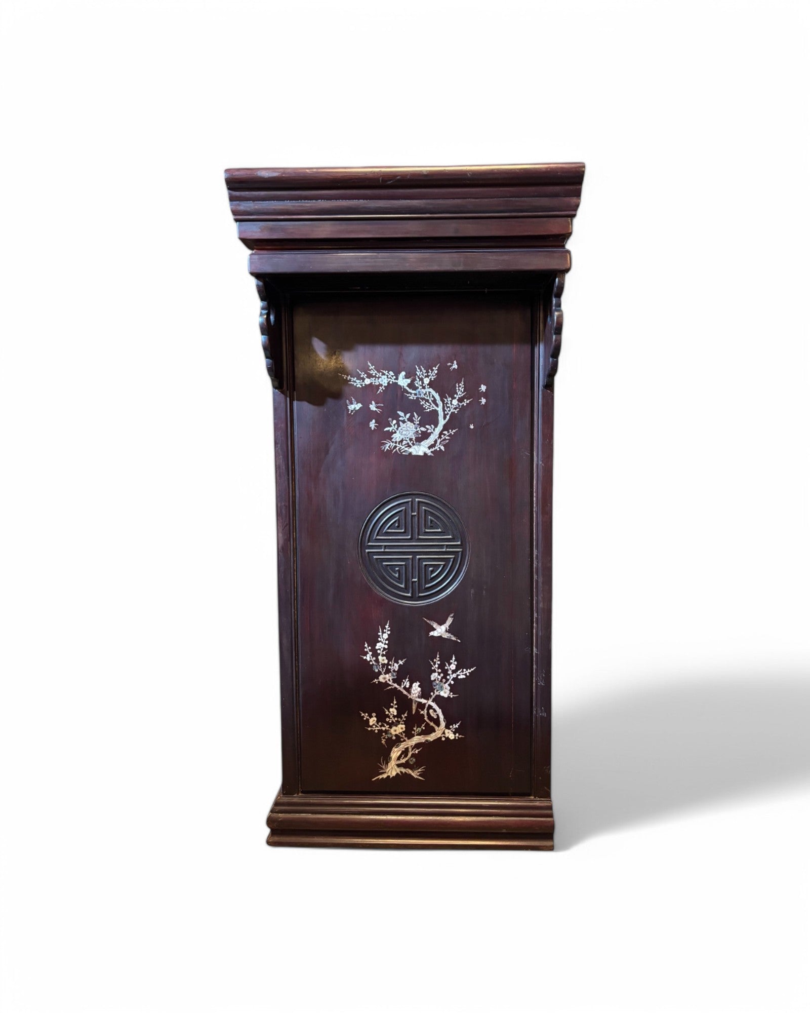 Gilded Mother of Pearl Inlaid Chinese Dark Wood Cabinet and Console