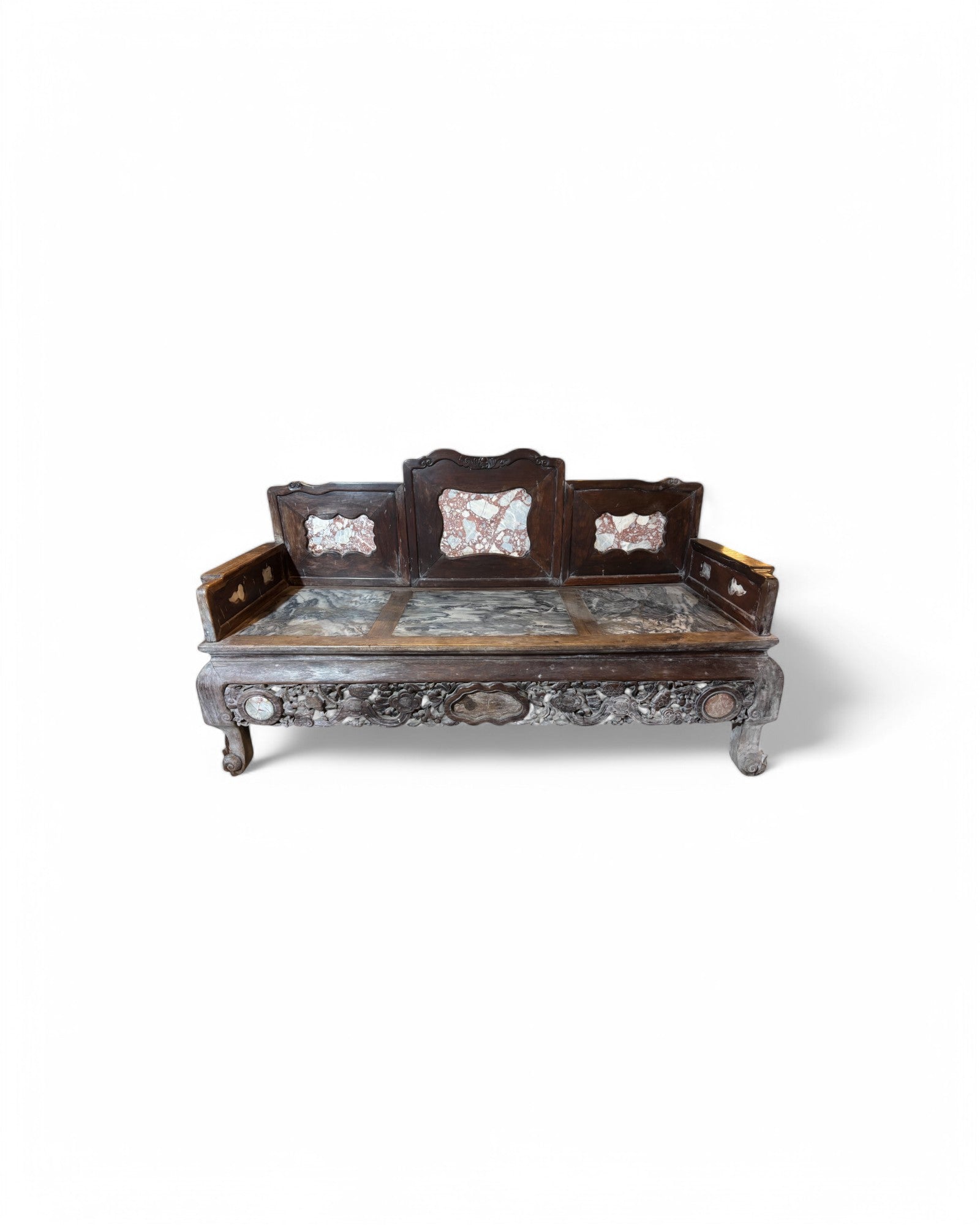 Antique Marble & Terrazzo Inlaid Chinese Carved Wooden Daybed