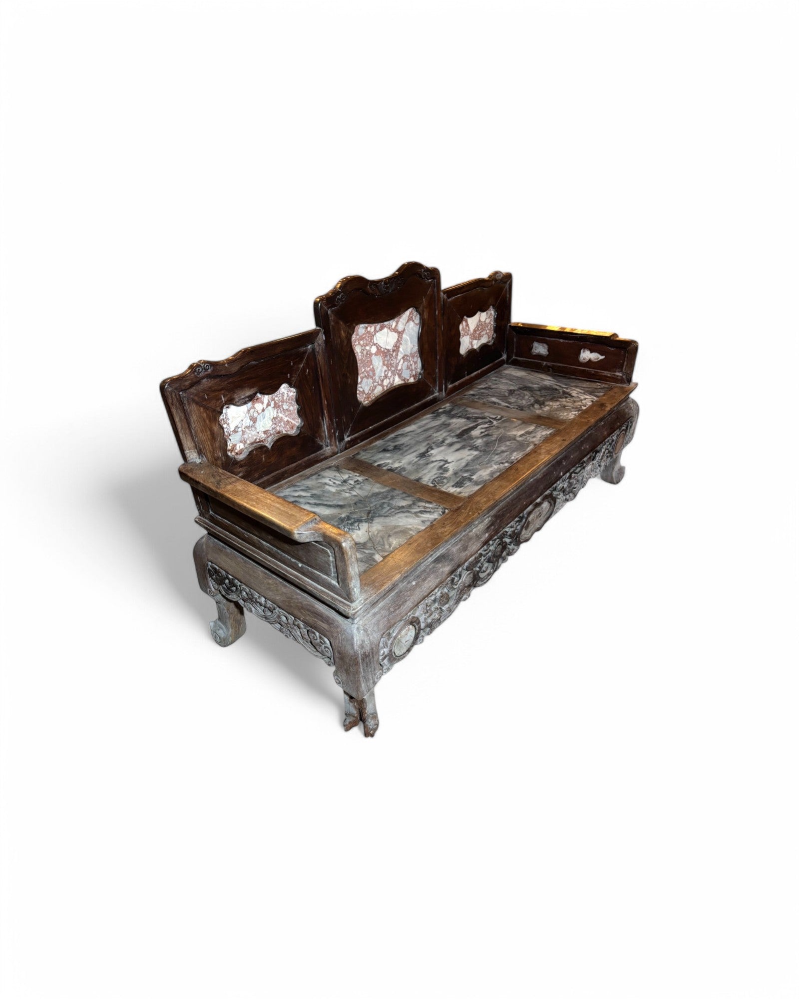 Antique Marble & Terrazzo Inlaid Chinese Carved Wooden Daybed