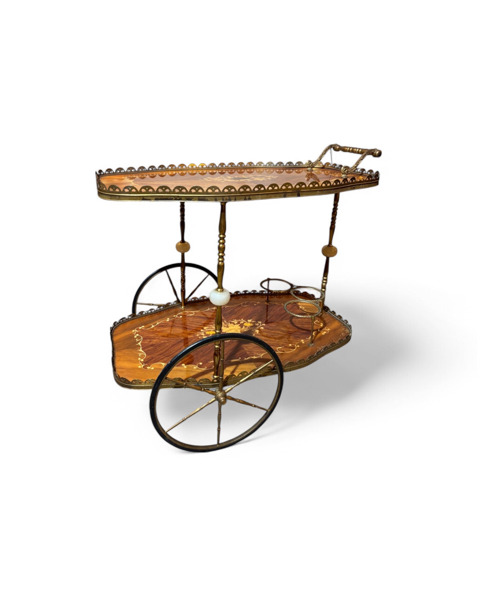 1950s Vintage Italian Trolley Hollywood Regency Inlaid Bar Cart
