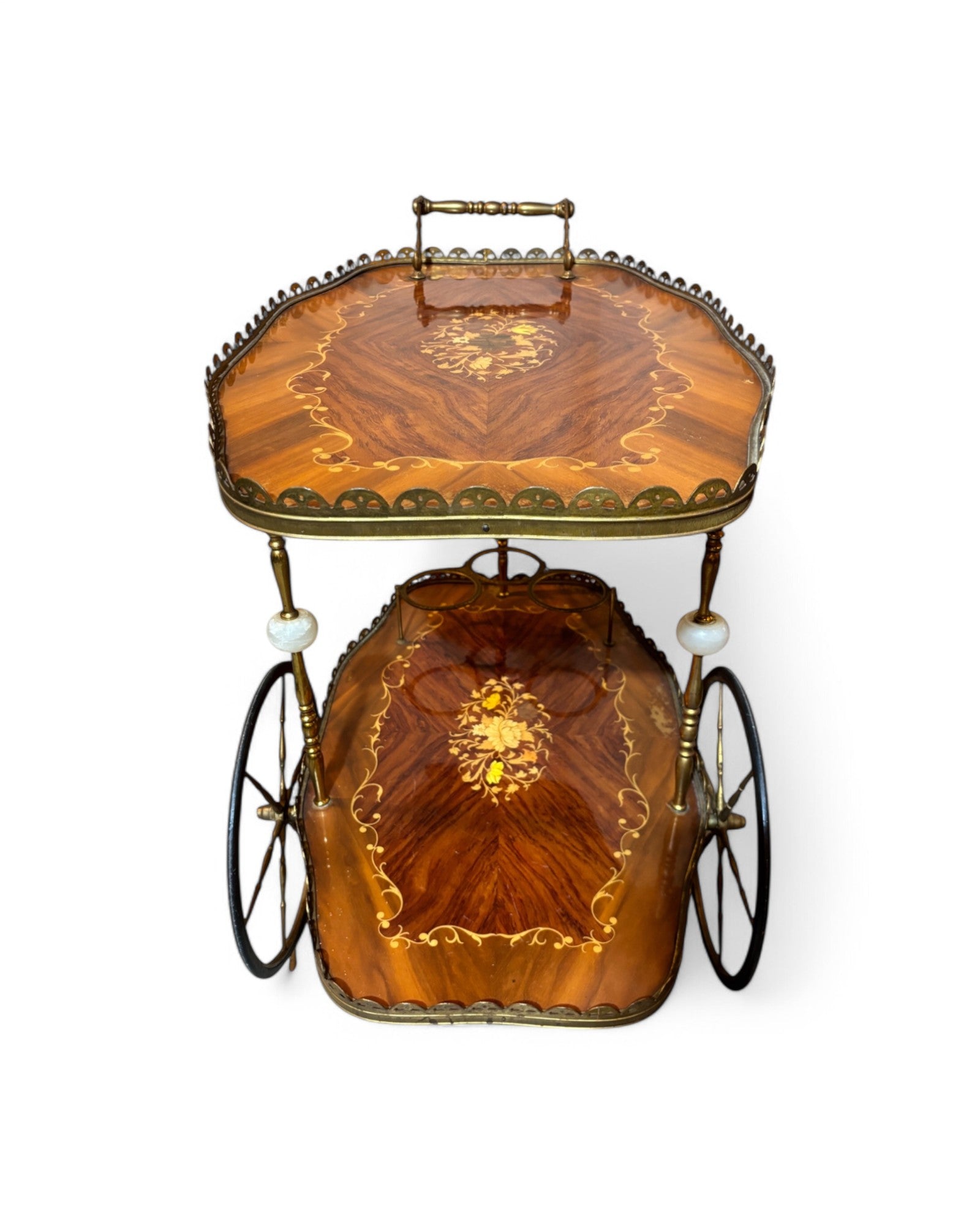 1950s Vintage Italian Trolley Hollywood Regency Inlaid Bar Cart