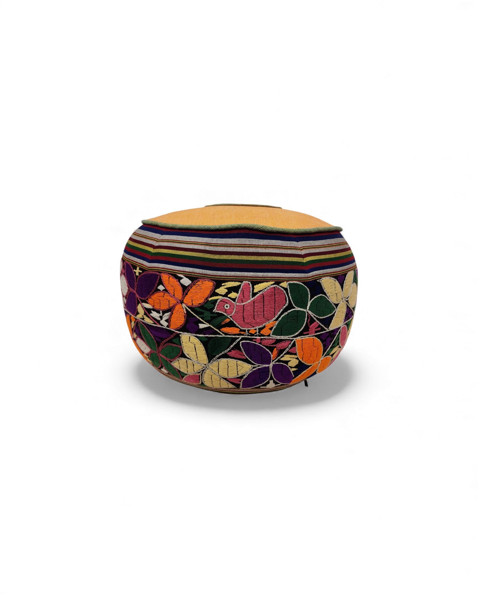 Round Pouf with Hand-Embroidered and Handwoven Fabrics - Floral Design & Yellow Top