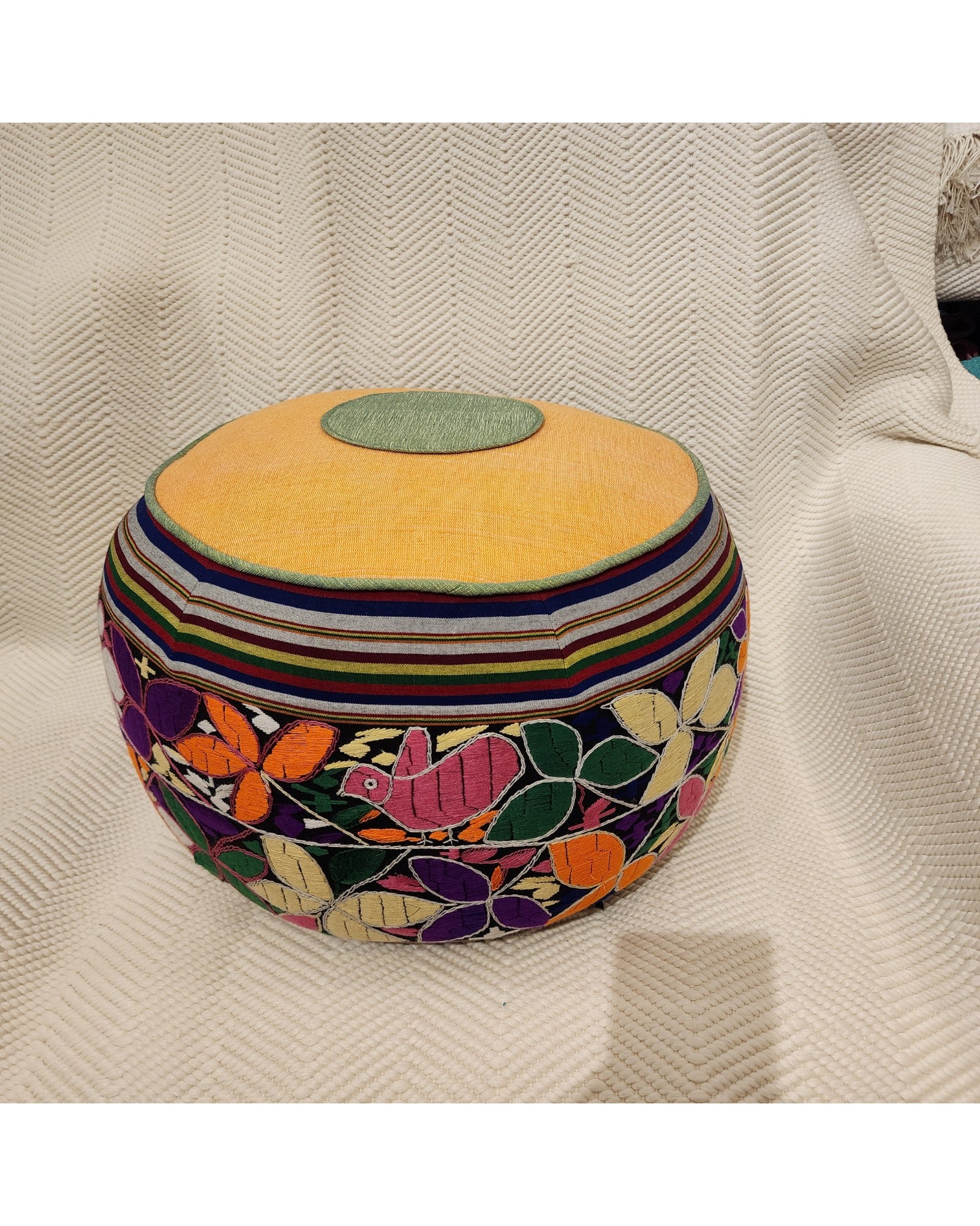 Round Pouf with Hand-Embroidered and Handwoven Fabrics - Floral Design & Yellow Top