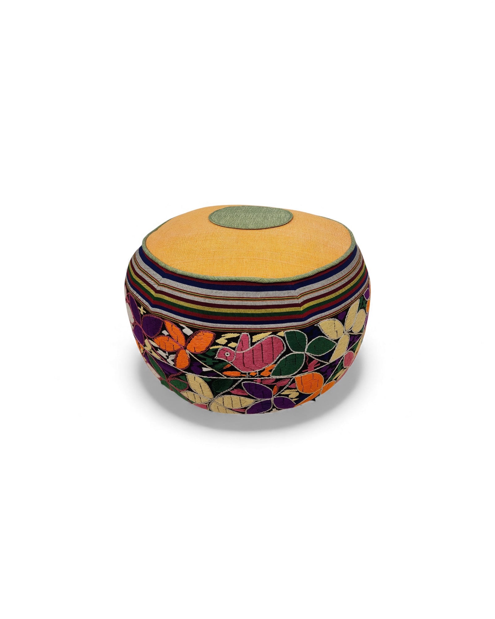Round Pouf with Hand-Embroidered and Handwoven Fabrics - Floral Design & Yellow Top