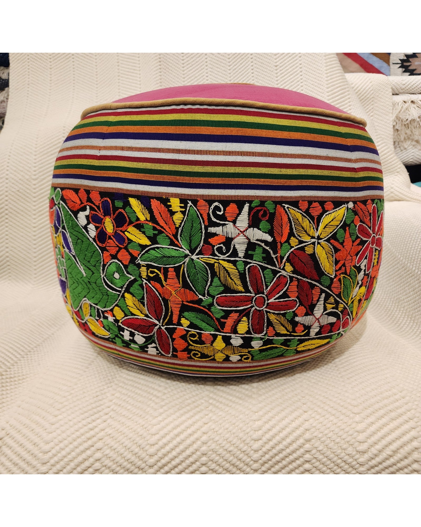 Round Pouf with Hand-Embroidered and Handwoven Fabrics - Floral Design & Pink Top