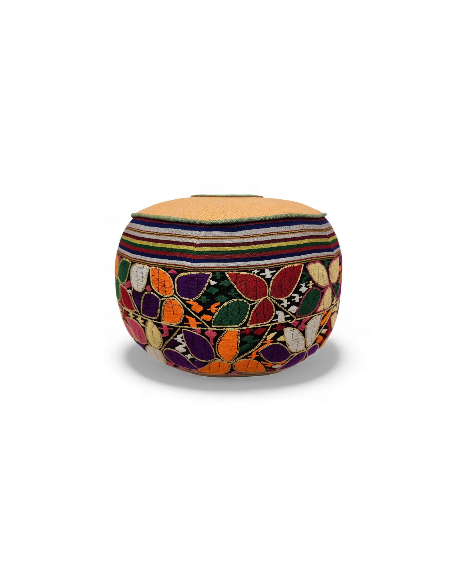 Round Pouf with Hand-Embroidered and Handwoven Fabrics - Floral Design & Yellow Top