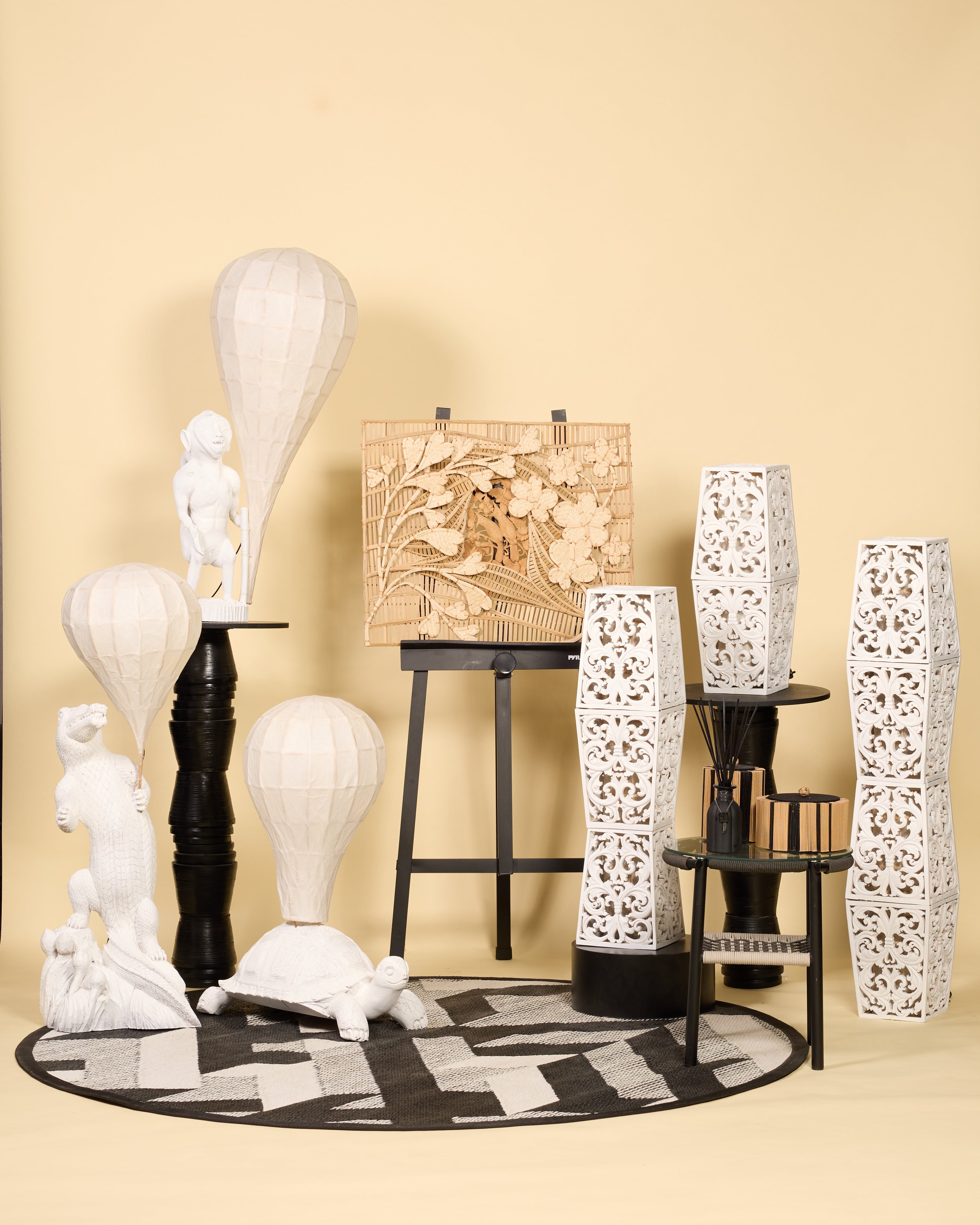 TIMA - Two-Tiered Carved Wooden Floor Lamp