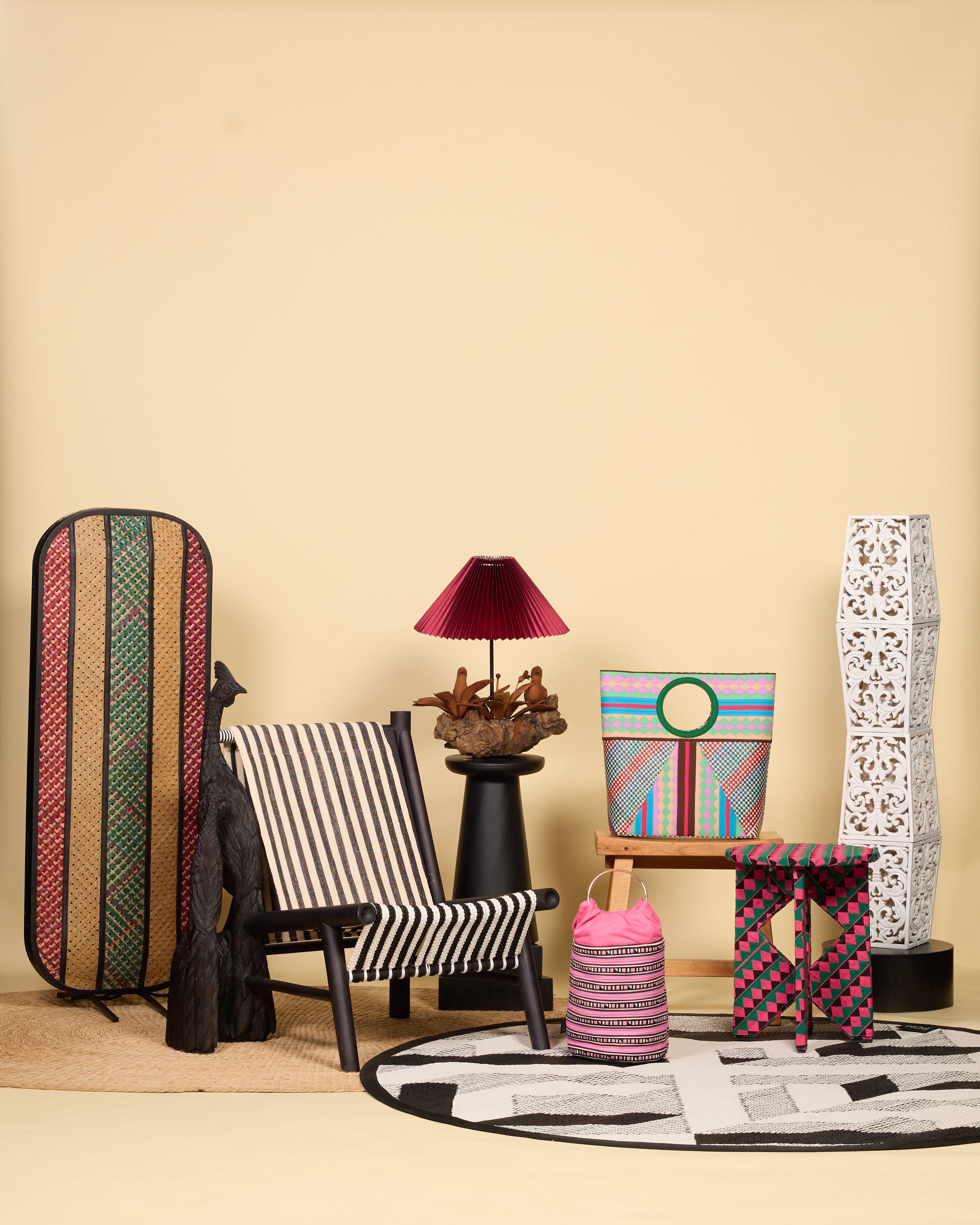 TIMA - Four-Tiered Carved Wooden Floor Lamp