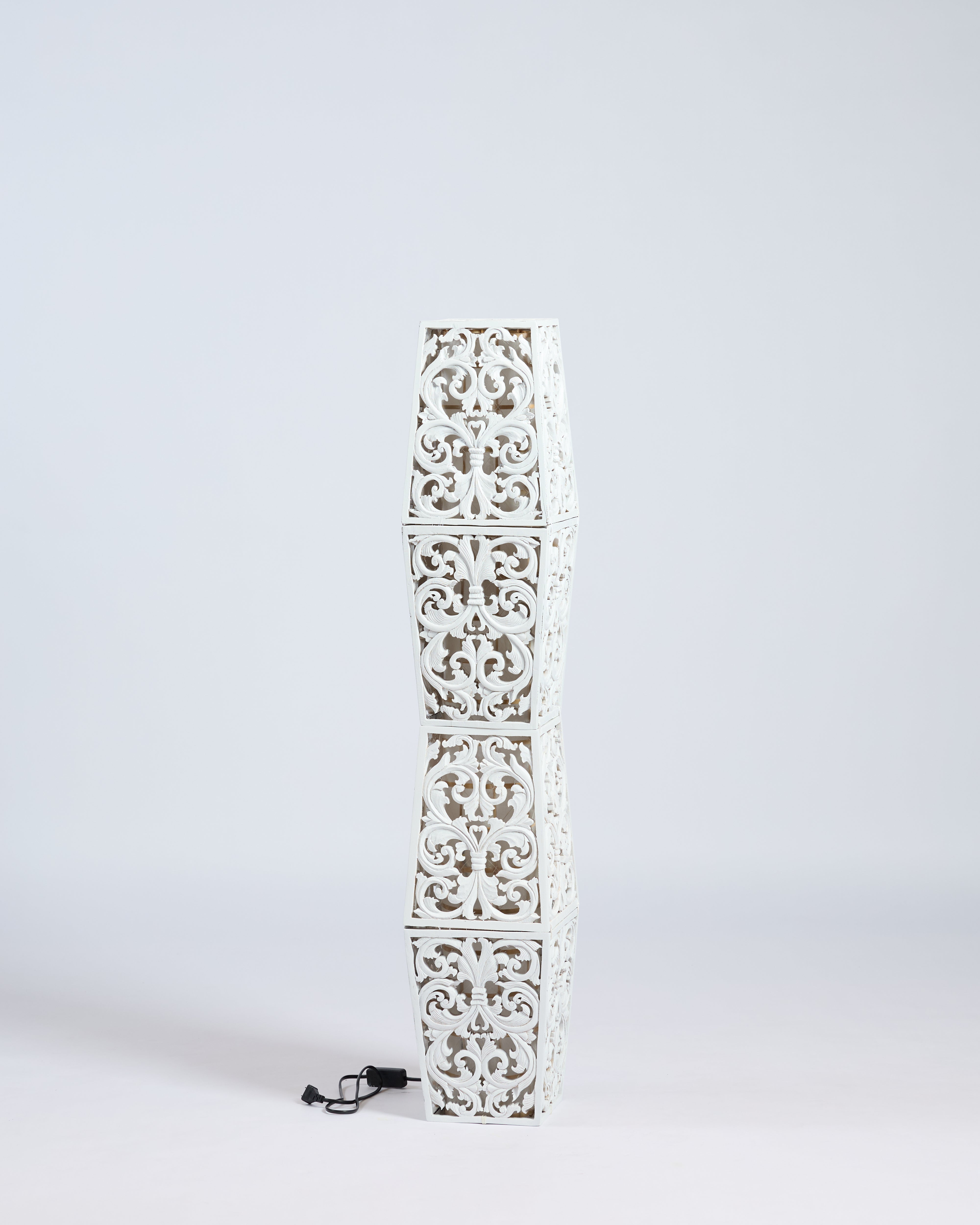 TIMA - Four-Tiered Carved Wooden Floor Lamp