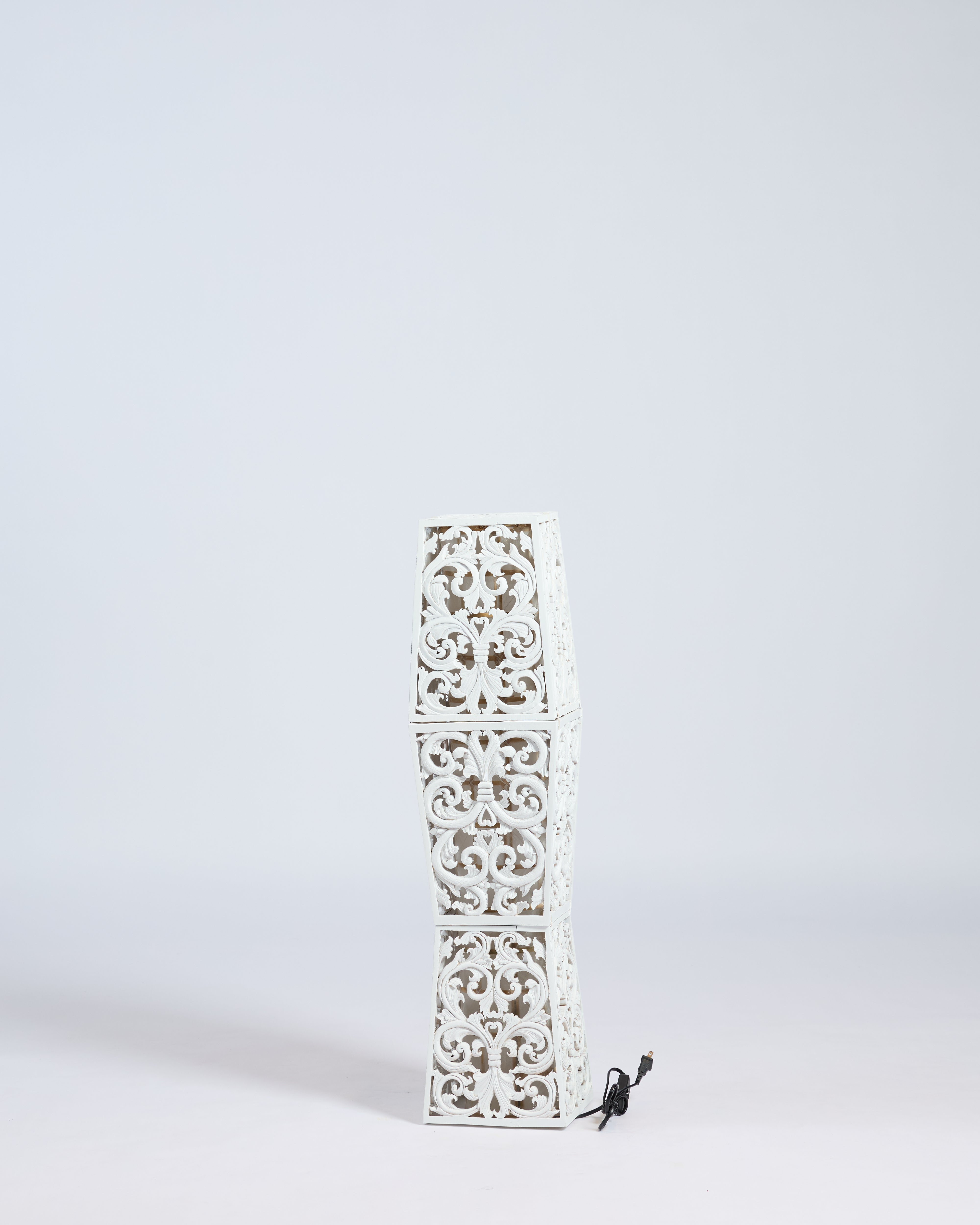 TIMA - Three-Tiered Carved Wooden Floor Lamp