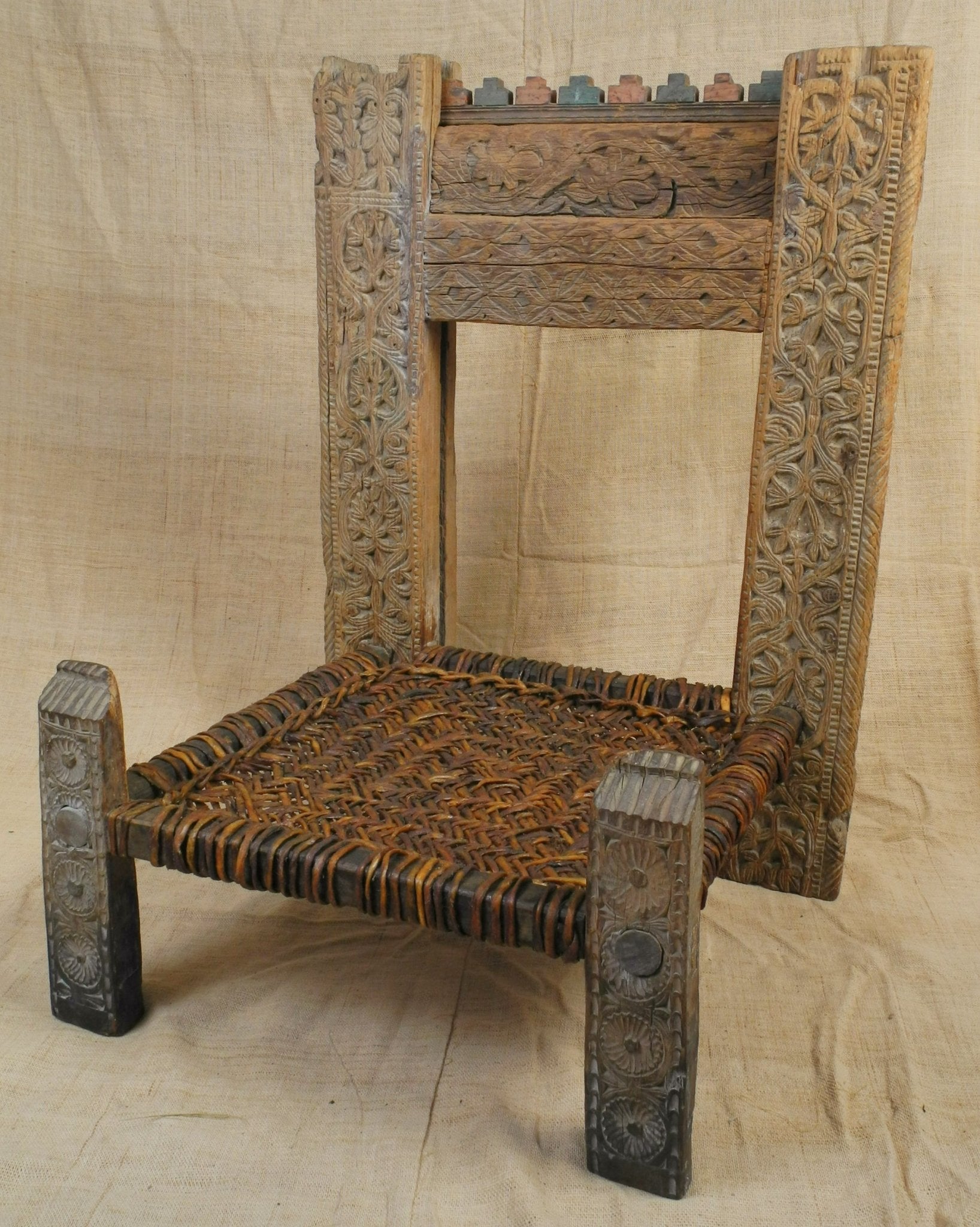 Swat Valley Carved Architectural Chair with Leather - Woven Seat - Surround Living - 6