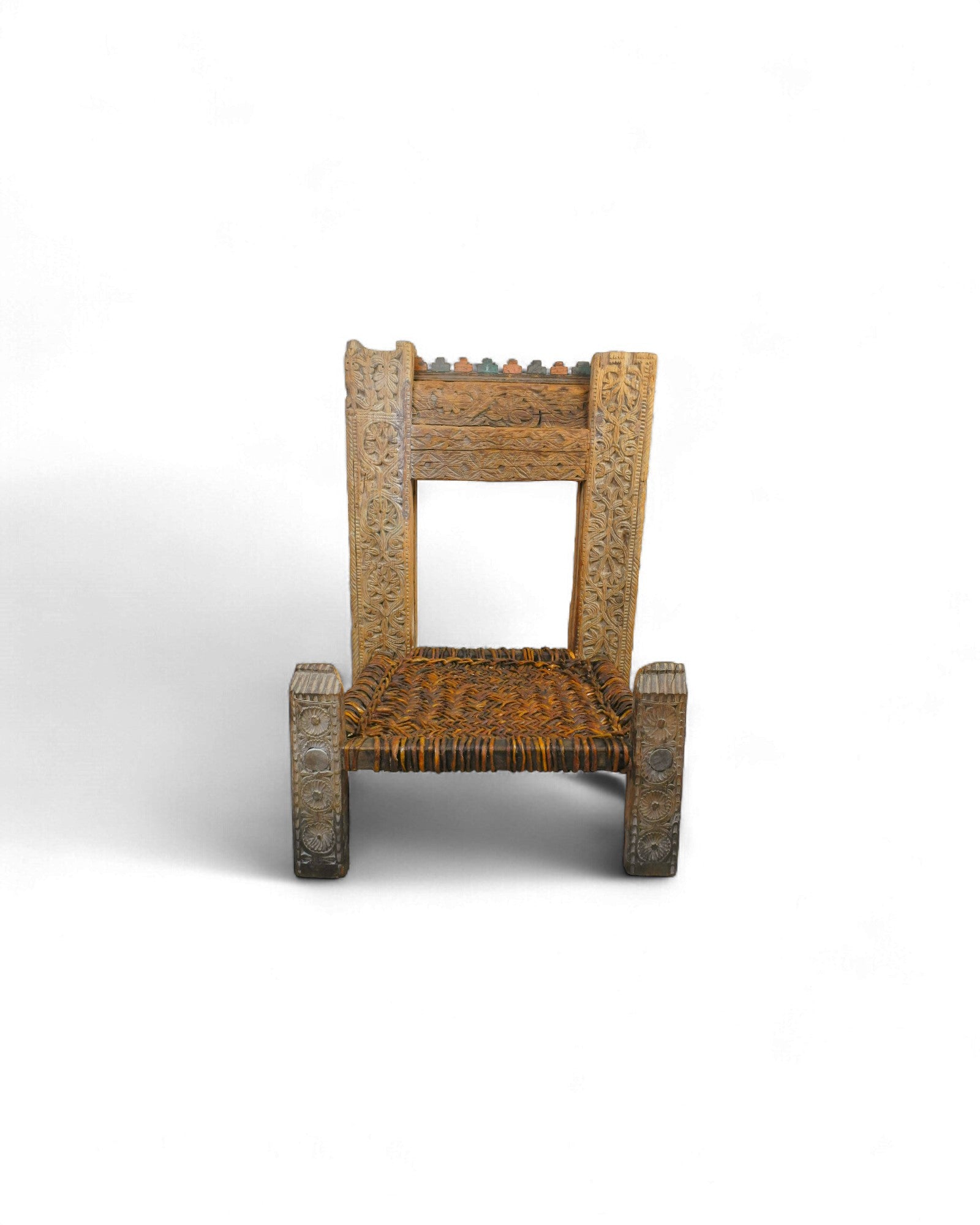 Swat Valley Carved Architectural Chair with Leather - Woven Seat - Surround Living - 3