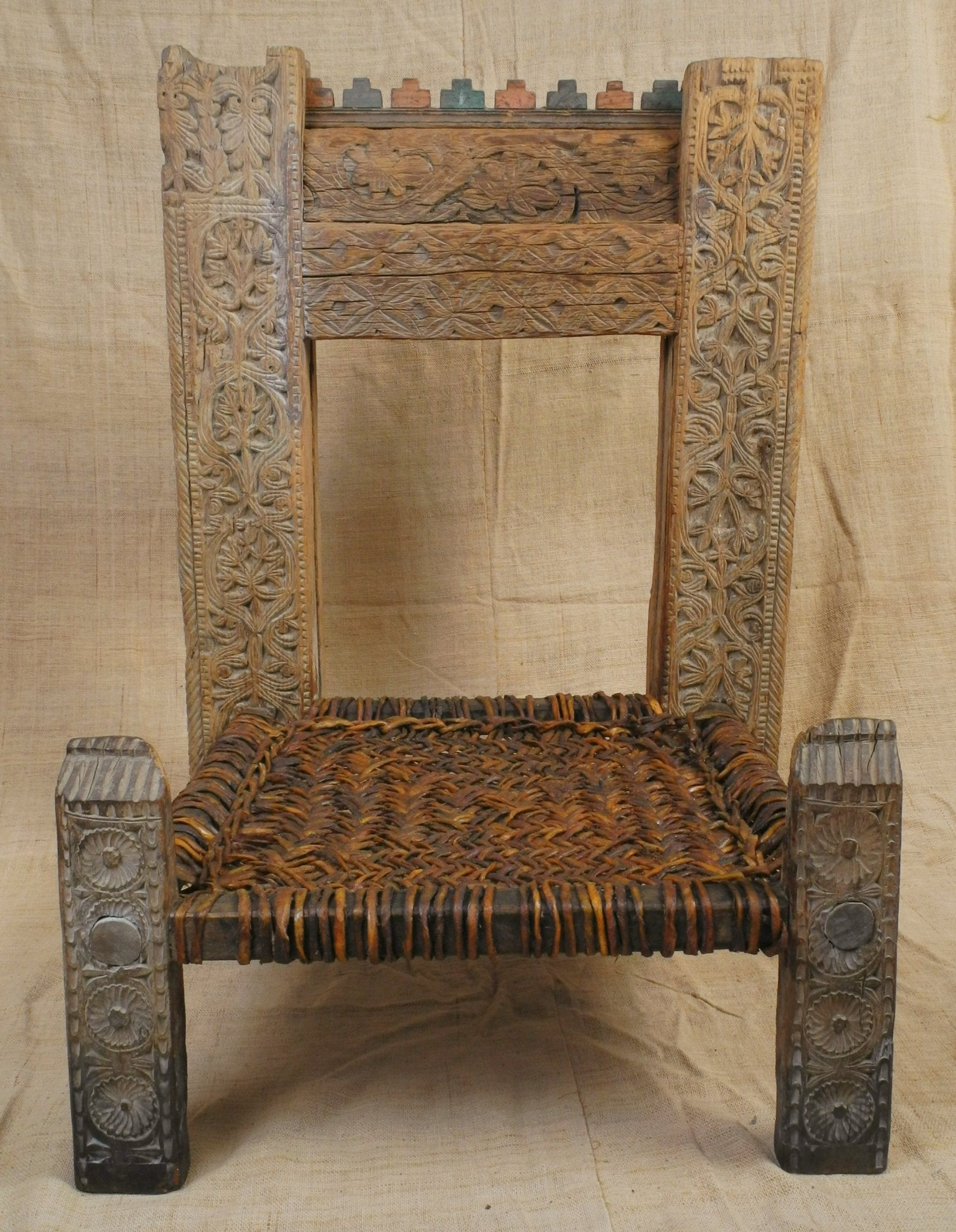 Swat Valley Carved Architectural Chair with Leather - Woven Seat - Surround Living - 5