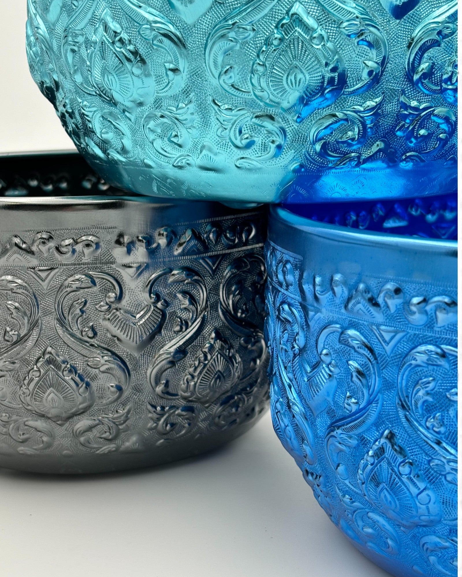 Thai Shades of Blue Colourful Embossed Aluminium Bowl (M) - 22cm Set of 3 - Surround Living - 10