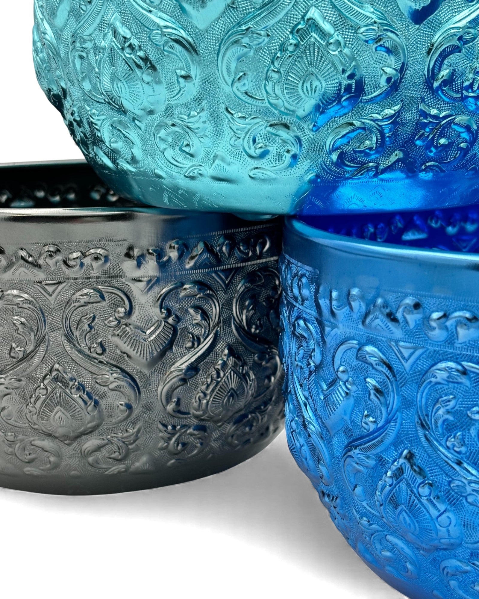 Thai Shades of Blue Colourful Embossed Aluminium Bowl (M) - 22cm Set of 3
