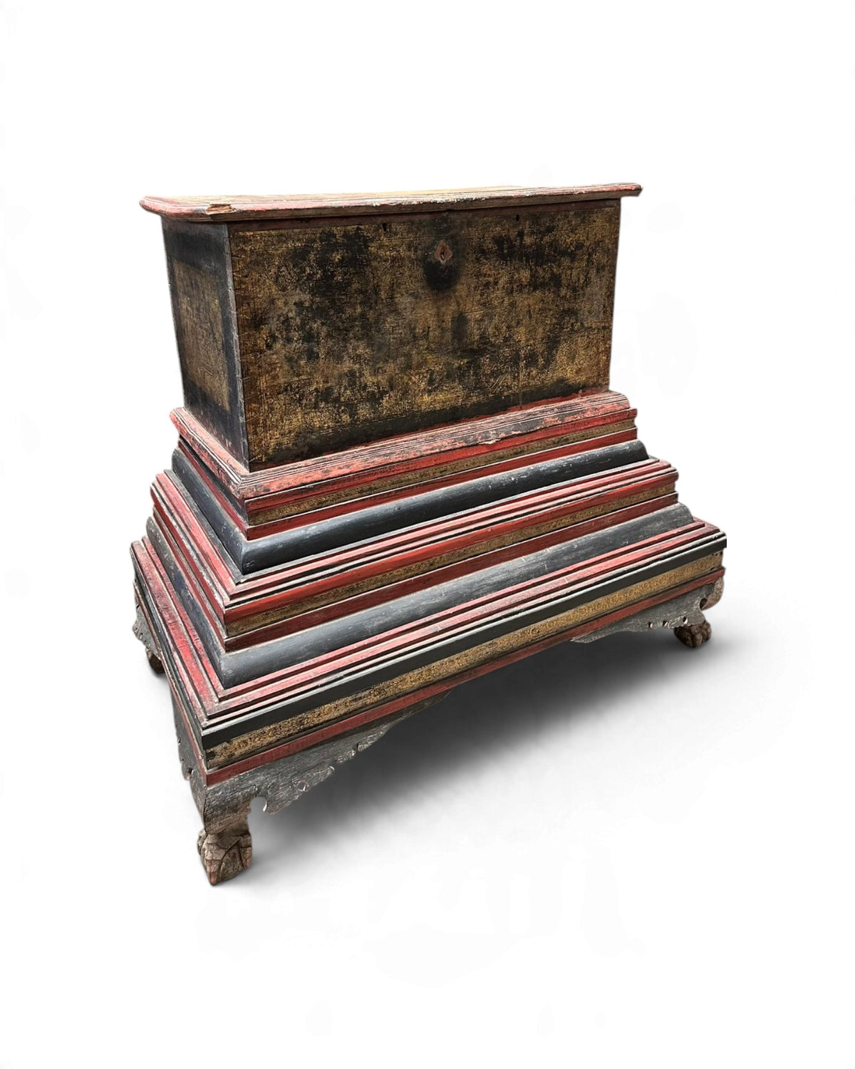 Antique Gilt Lacquer Chest on Tiered Red Stand