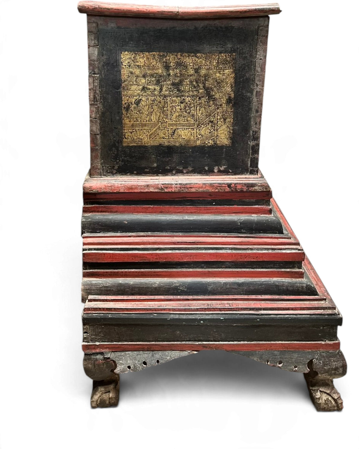 Antique Gilt Lacquer Chest on Tiered Red Stand