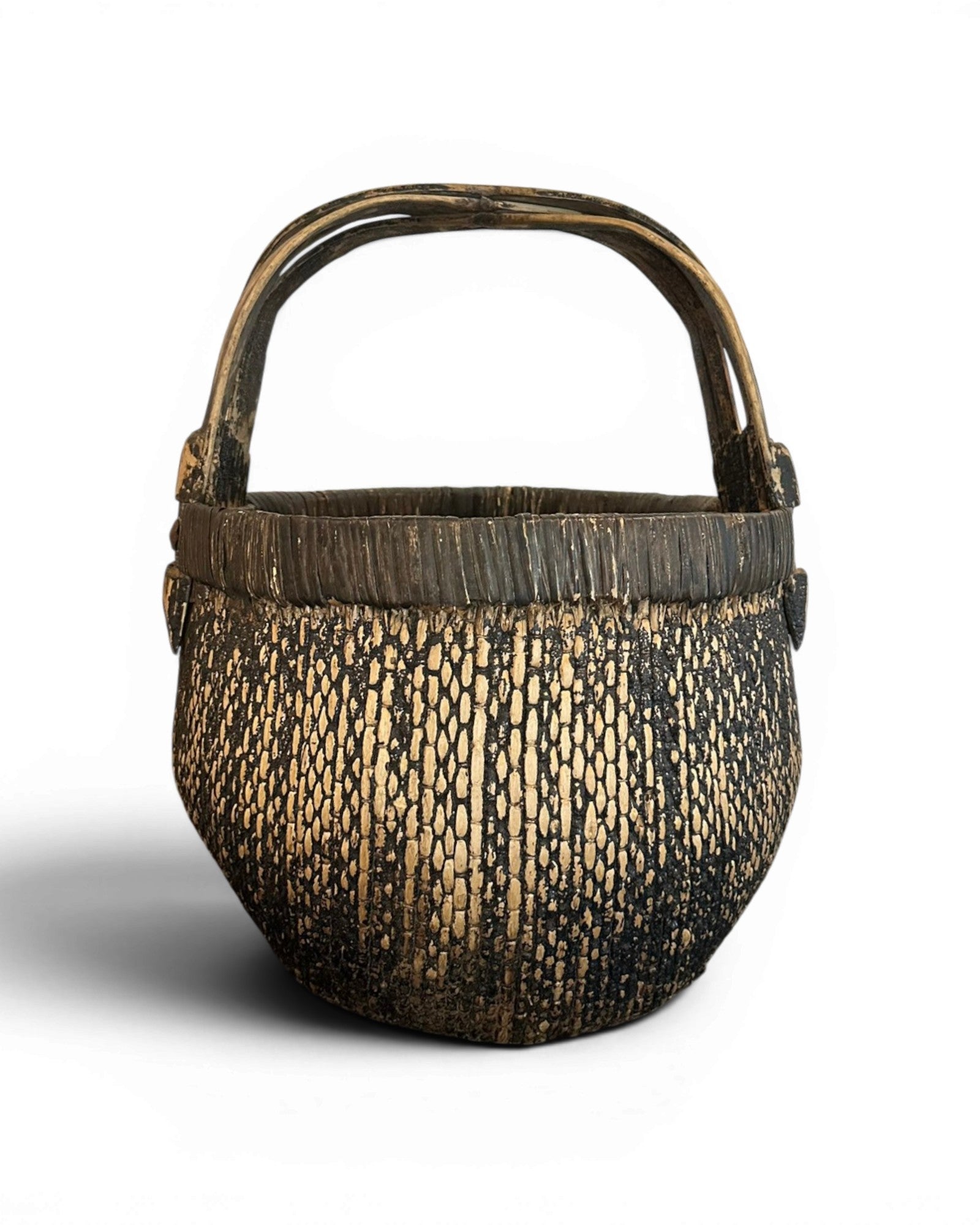 Antique Carved Bamboo Basket - Wood Dark Brown