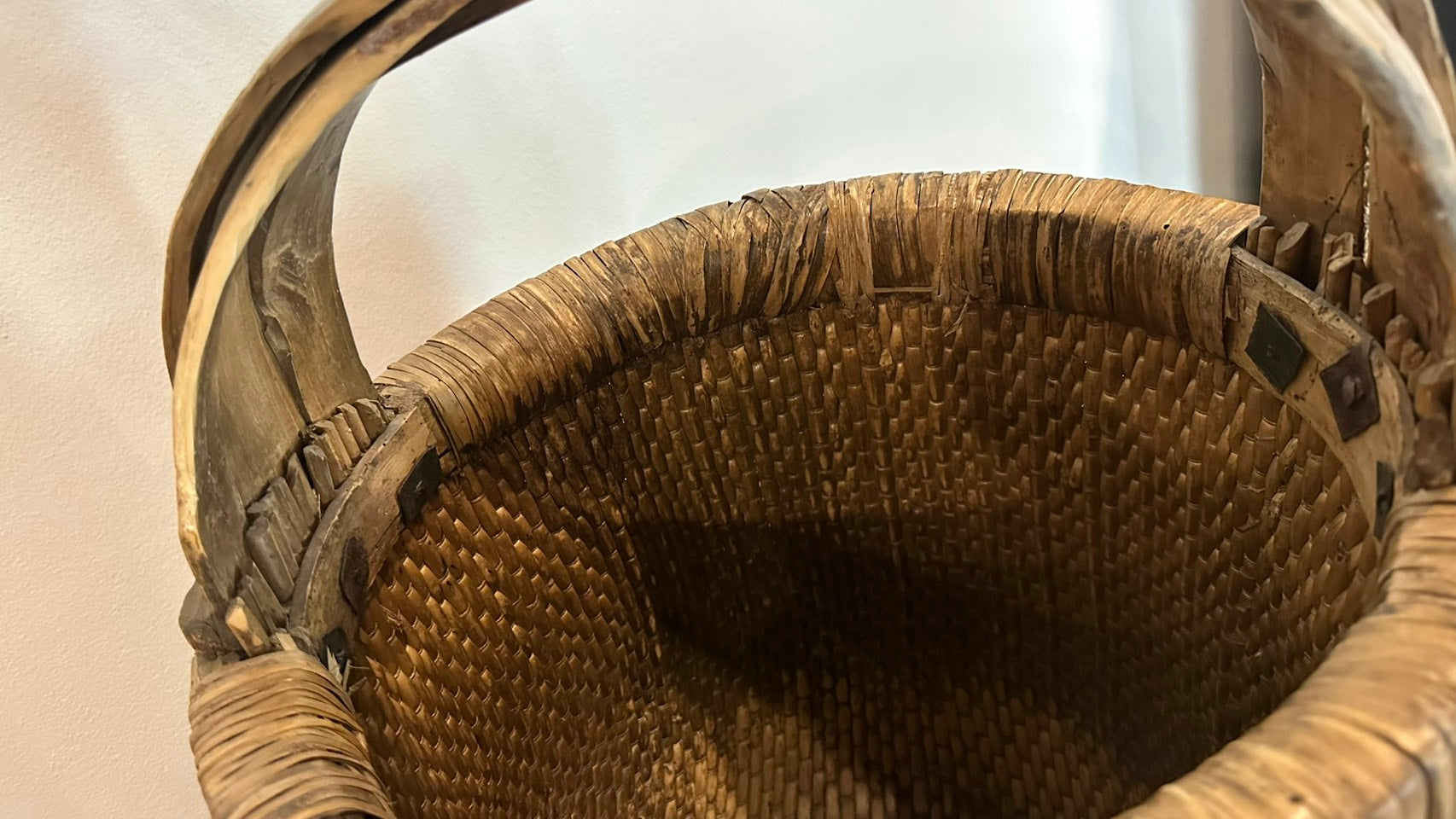 Antique Carved Bamboo Basket - Natural Wood