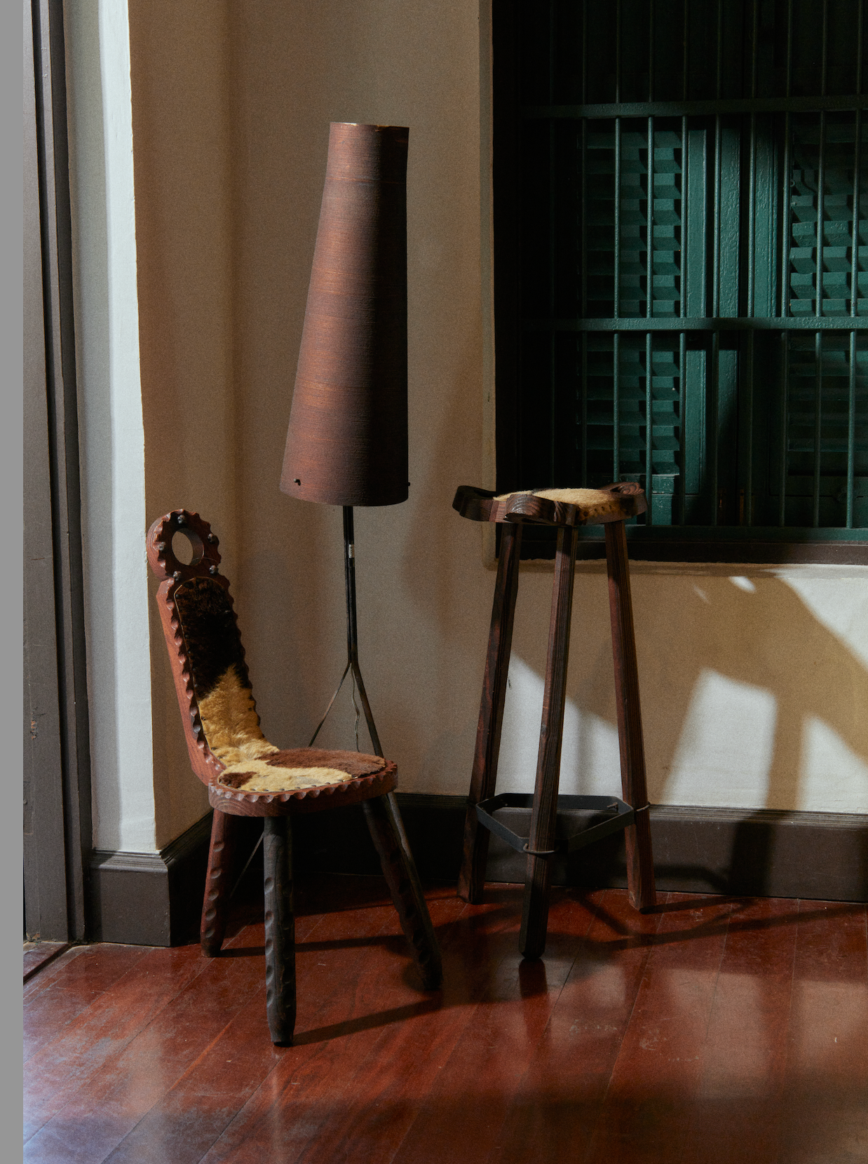 Spanish Wooden Carved Brutalist Cow Hyde Bar Stool