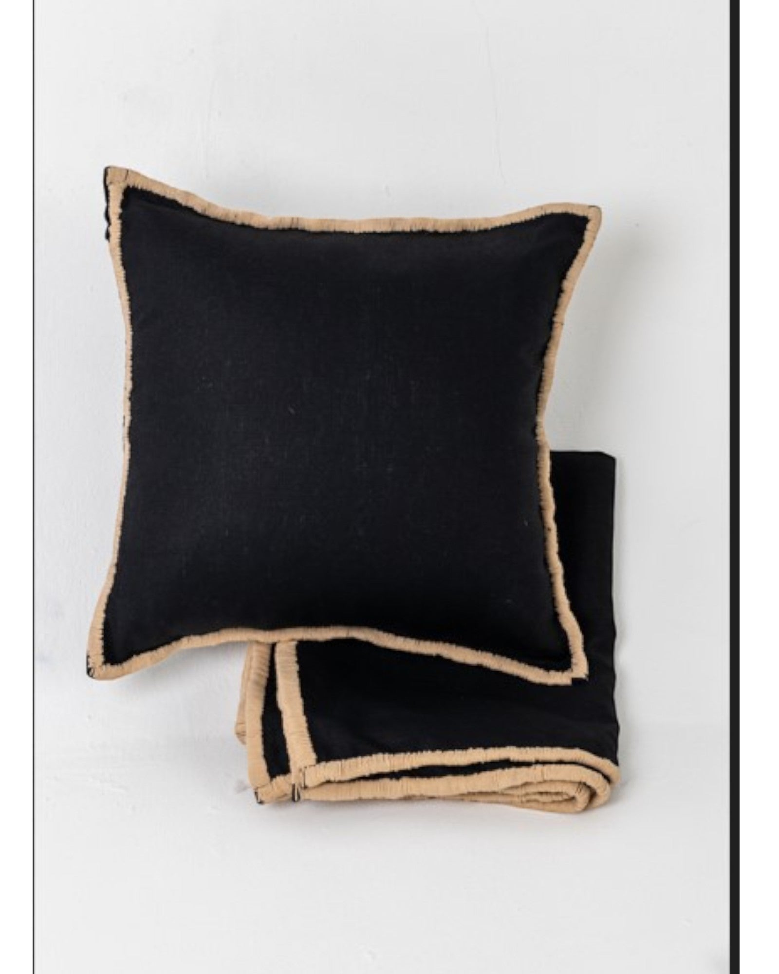 Linen Cushion Cover With Embroidered Border - Black with Light Brown Border