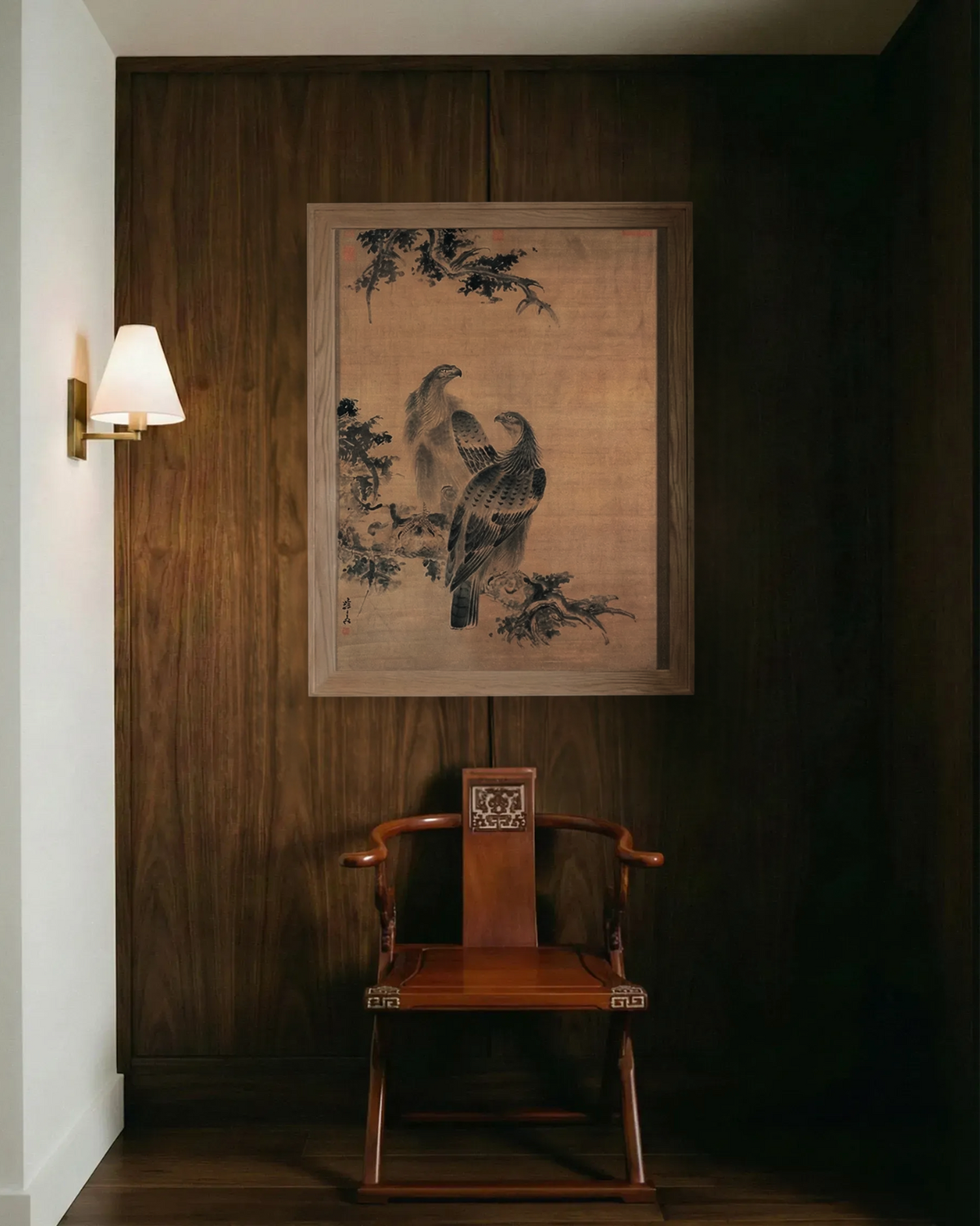 Wooden chair in a room with a large framed artwork on the wall.