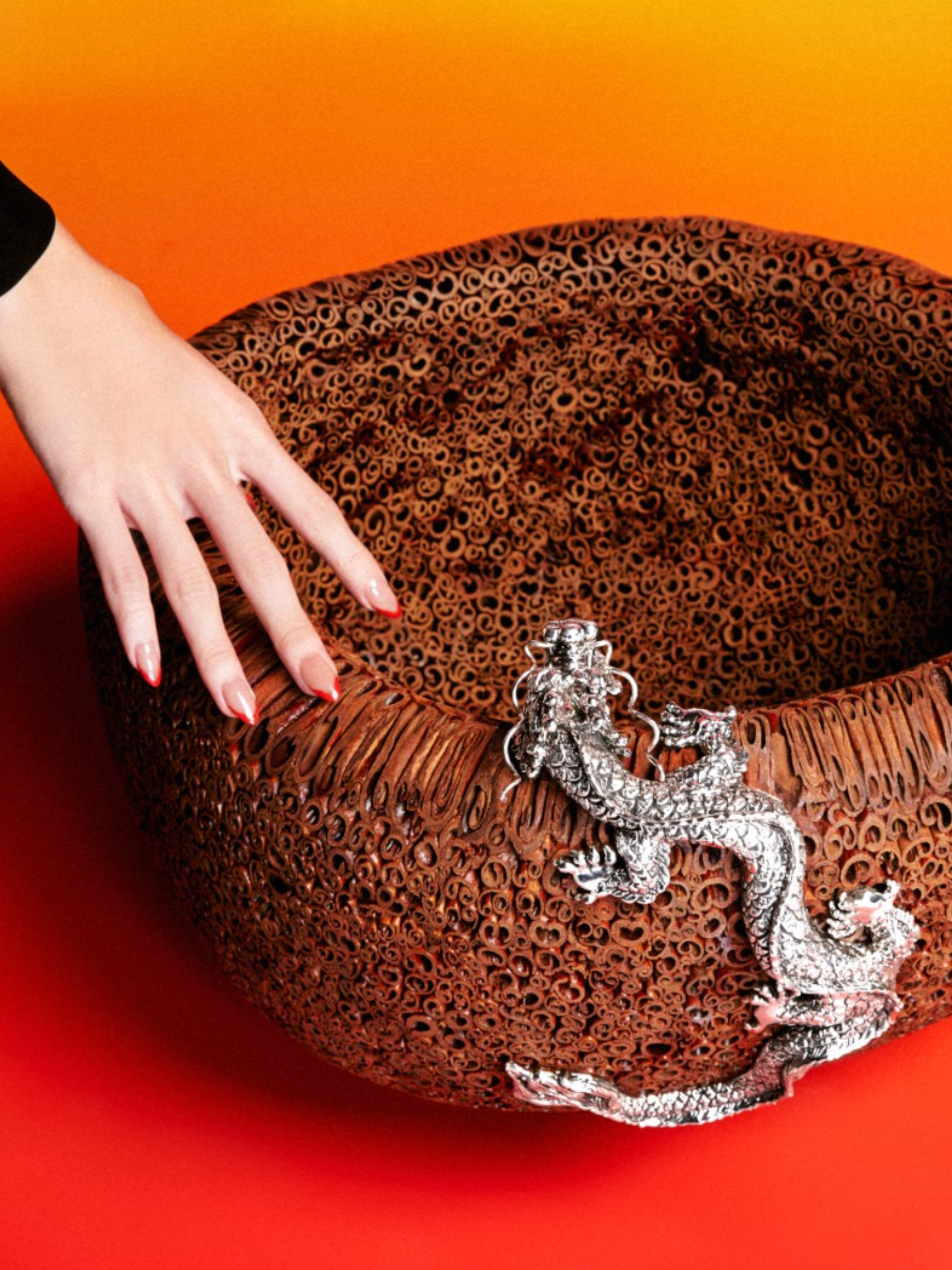 Cinnamon Bowl with Swirling Silver Dragon #S