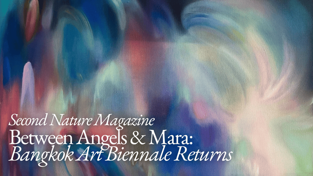 Abstract pastel artwork with soft blue, pink and green forms featuring the title “Between Angels & Mara: Bangkok Art Biennale Returns.”