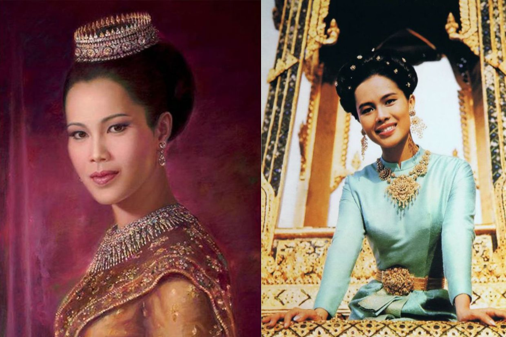 (Left): A smiling portrait of Queen Sirikit of Thailand in pastel tones, radiating youth and grace .(right): A poised image of Queen Sirikit of Thailand taken at a royal residence—exuding timeless poise in traditional attire.