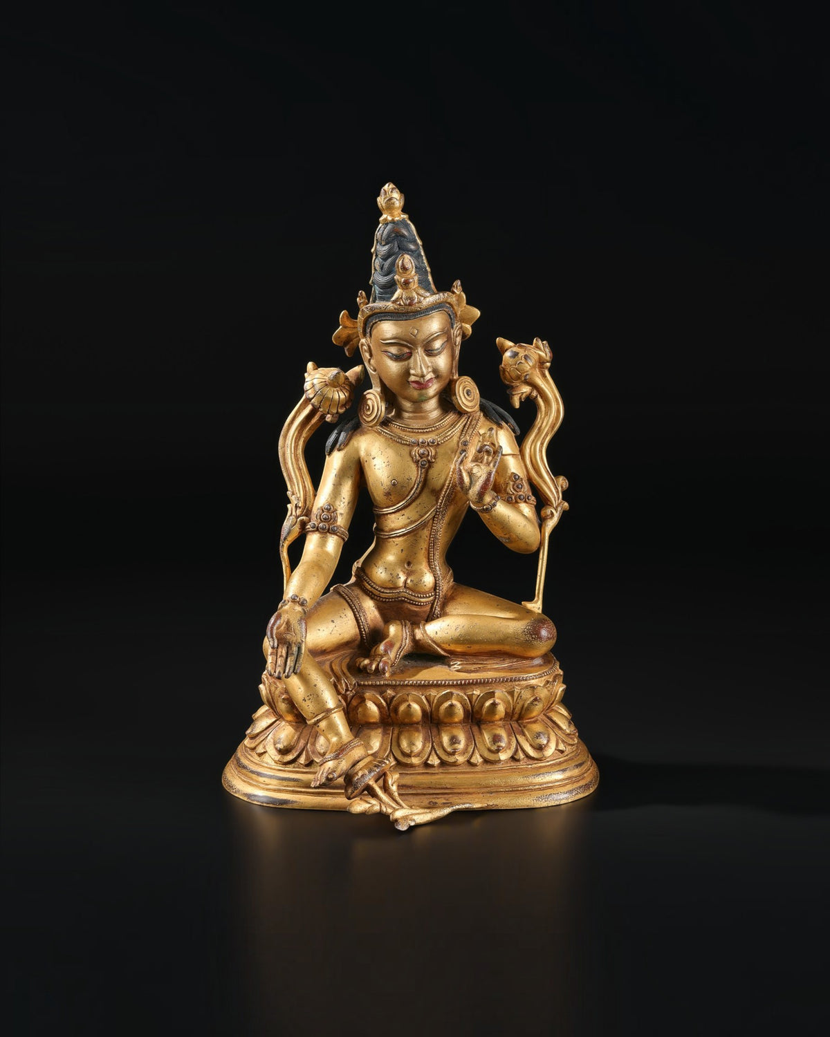 Old Chinese Gild Buddhism Sit Green Tara Mahayana Buddhism Statue