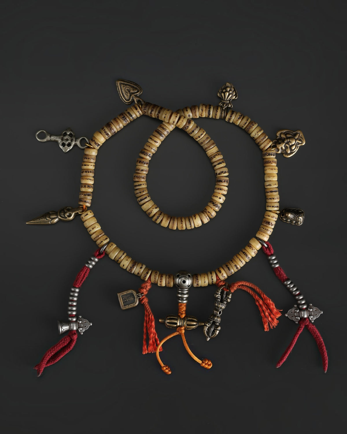 Tibetan Buddhism Mala Bone Prayer Beads Counter with Protective Amulets