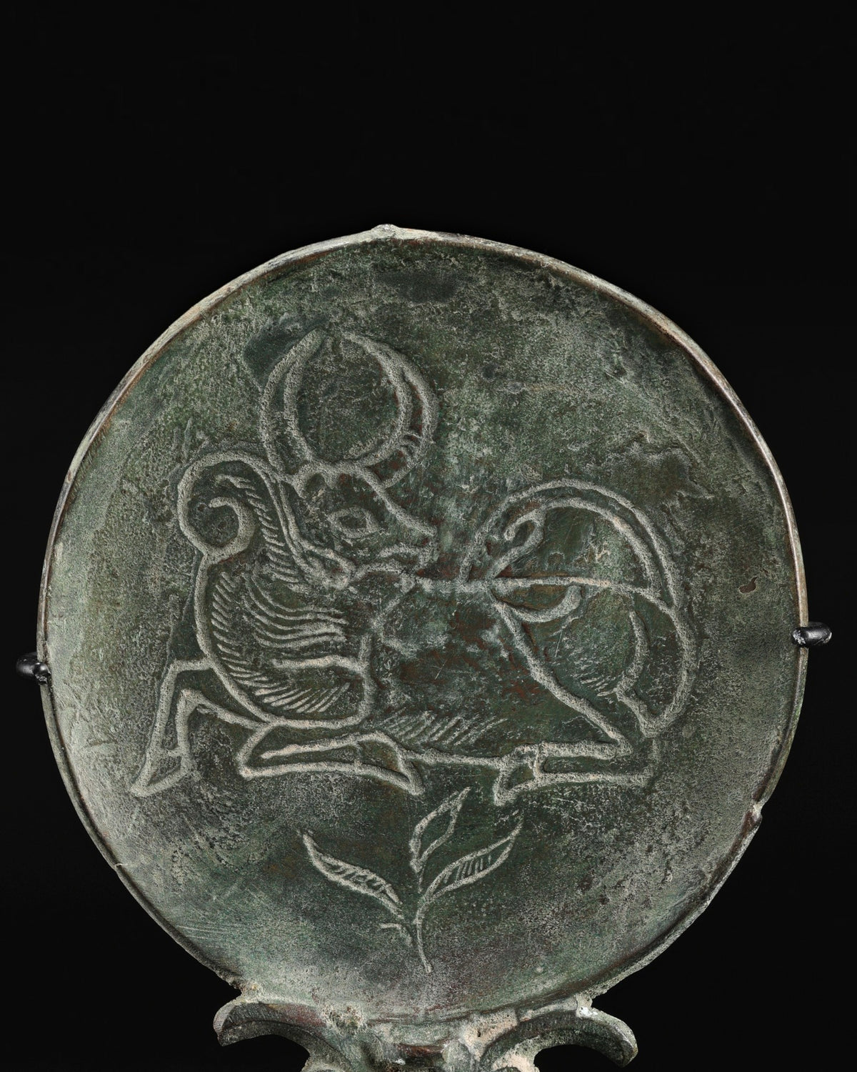 Near Eastern Luristan Antique Bronze Mirror Animal Figure Collectables