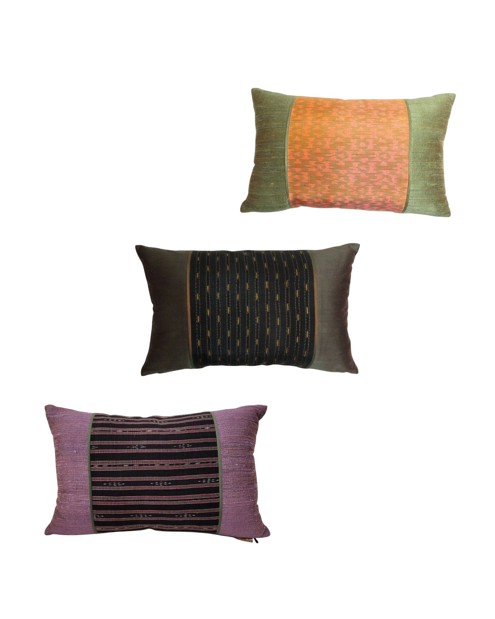 Rectangular Thai Textile Cushions – Indigo, Black Silk, and Sunset Orange - Set of 3