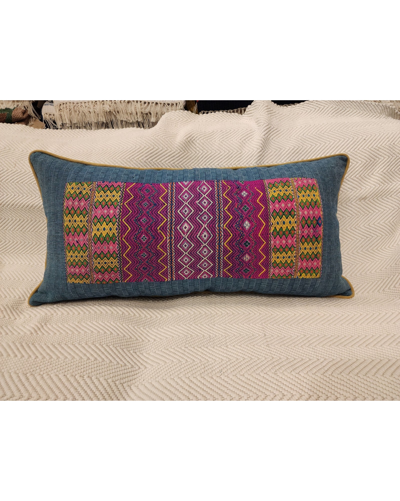 Hilltribe Embroidered Lumbar Cushion in Indigo Blue