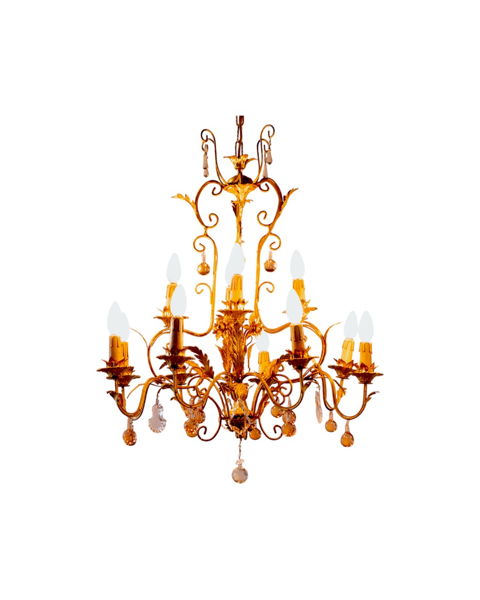 Italian Toleware Golden Chandelier with Murano Glass Droplets