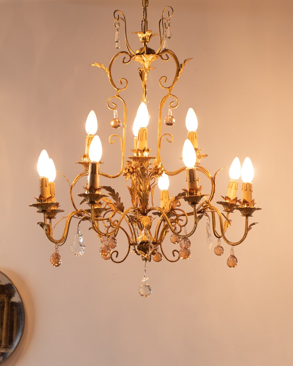 Italian Toleware Golden Chandelier with Murano Glass Droplets